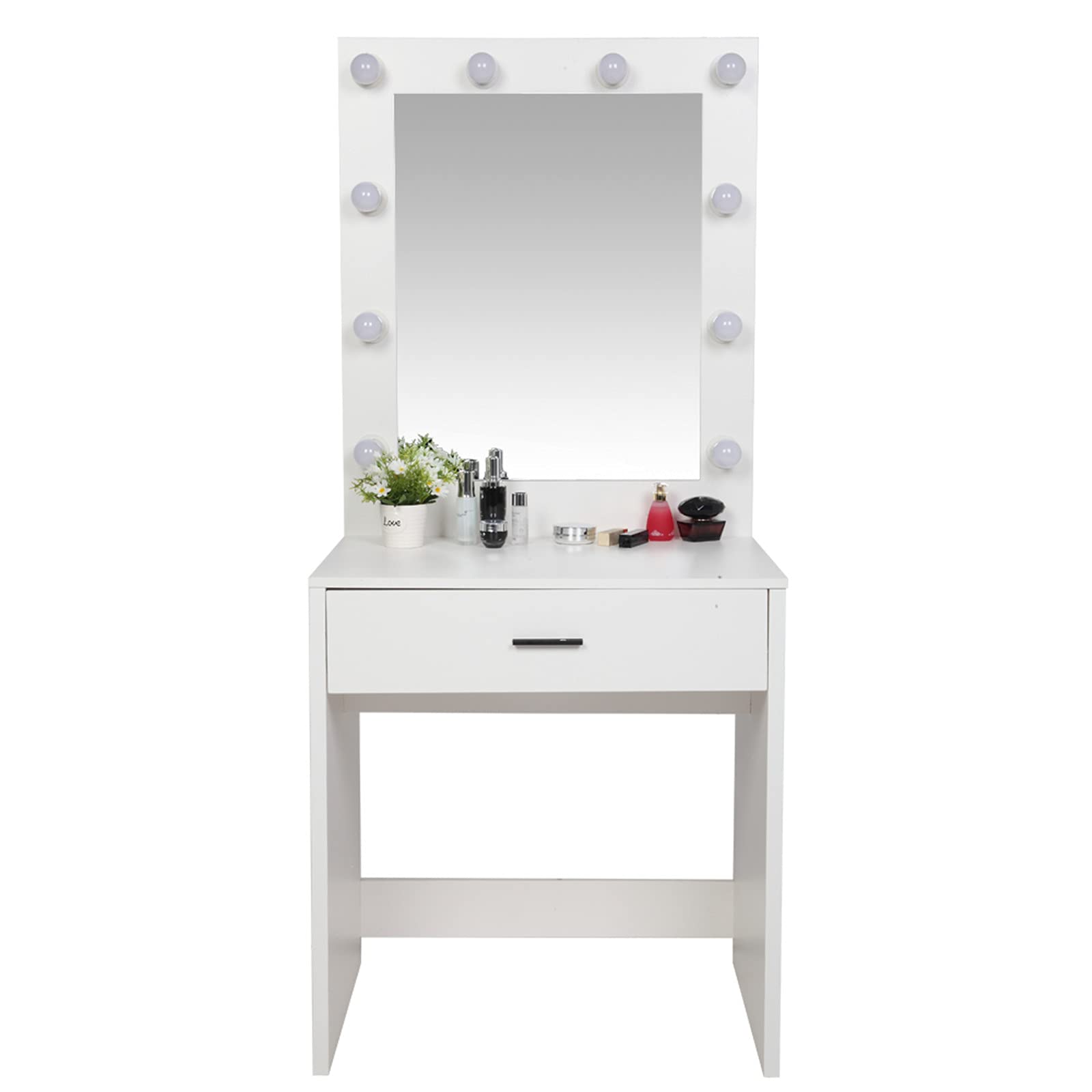 Mushugu Large Mirror Vanity Dressing Table with Single Drawer & LED Lights - Cannon White | Modern Makeup Desk for Bedroom, Bathroom & Salon
