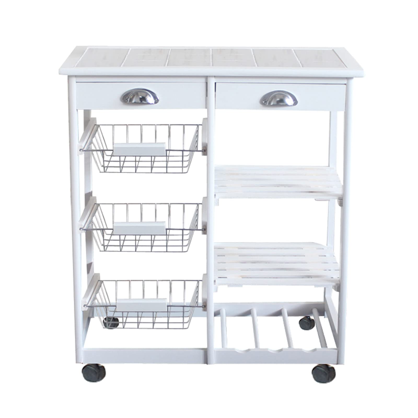 Trlec GT4-LY Kitchen Cart with 2 Drawers, 3 Baskets & 3 Shelves - Mobile Storage Cart with Wheels for Living Room, Dining Room & Office (White) | Perfect for Small Space Organization, Kitchen Prep & Home Office Storage
