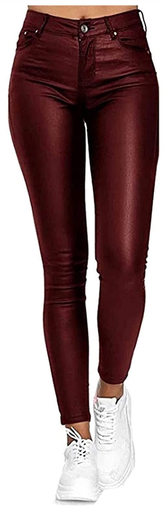 Women's Faux Leather Leggings - High Waist Stretchy Skinny Pants PU Leather Look Pencil Pants for Workout, Yoga, and Casual Wear