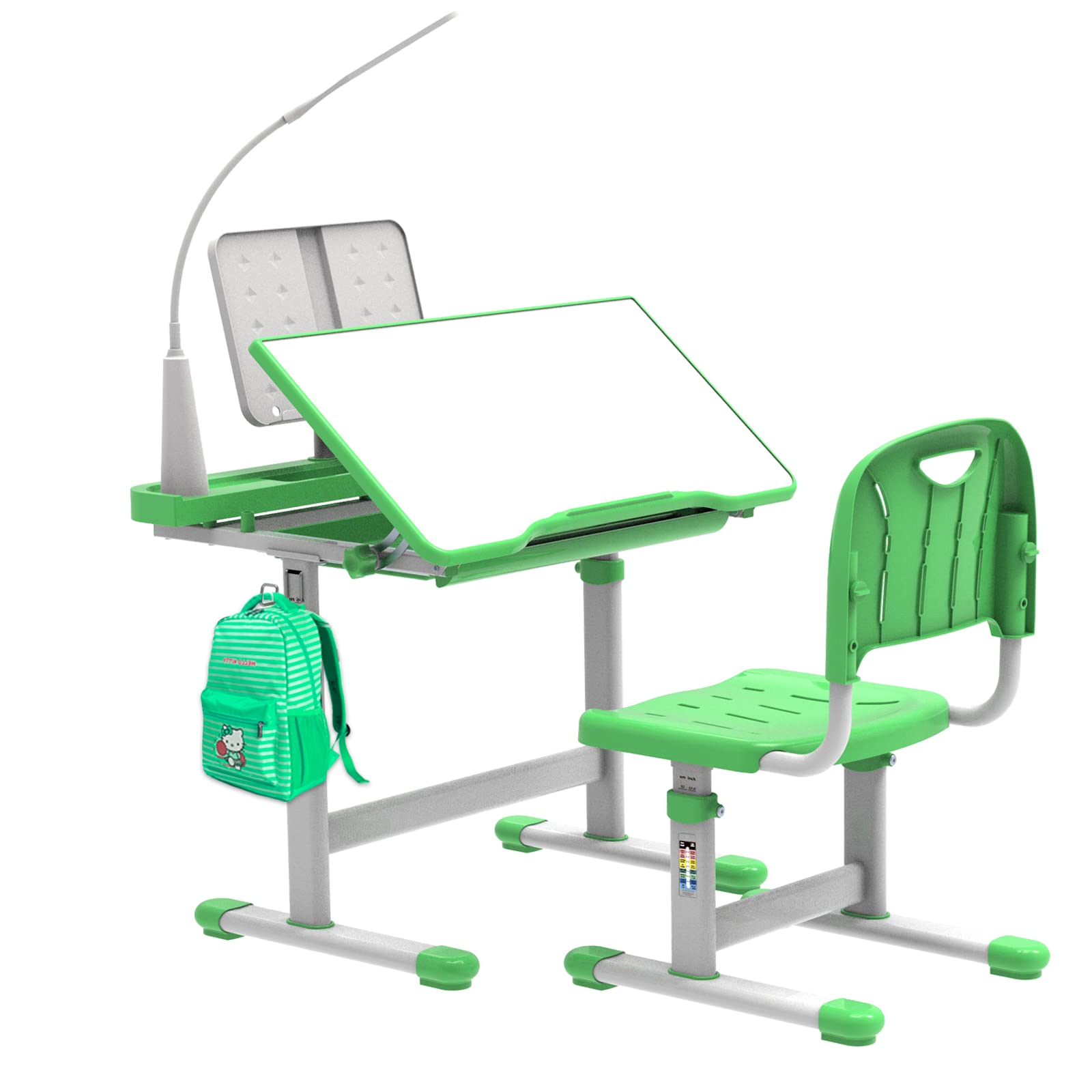 BELANITAS Adjustable Kids Desk and Chair Set with Storage Drawer - Ergonomic Study Desk for Boys & Girls, Includes Book Stand & Bag Hook - Perfect for Homework, Drawing & Online Learning (Green)