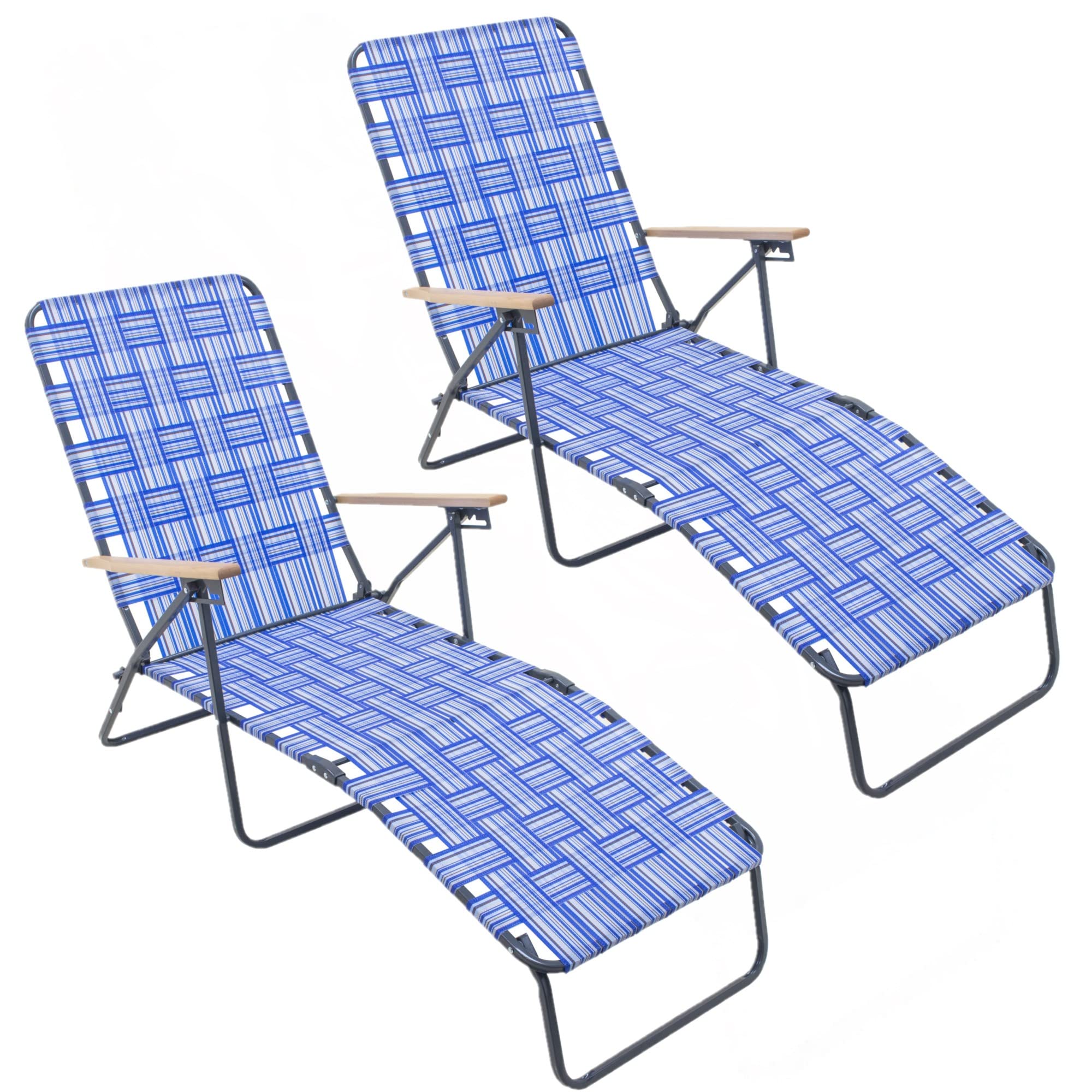 Heavy Duty Steel Folding Outdoor Camping Chair with Blue Woven Fabric & Armrests - Portable Patio Chairs for Backyard, Beach, Picnic & Tailgating (Set of 2) - Perfect for Camping Trips, BBQs, and Outdoor Events