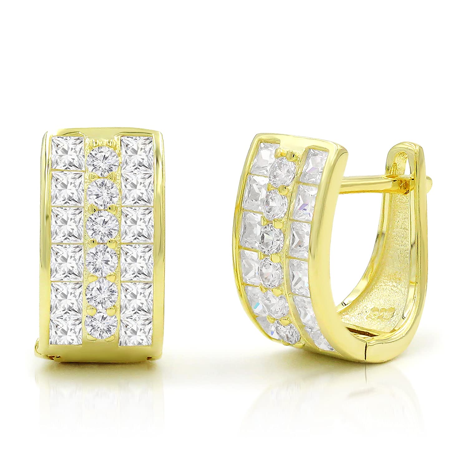 Giorgio Bergamo 925 Sterling Silver Gold Plated 3-Row Princess Cut Huggie Hoop Earrings for Women - Elegant & Dainty Jewelry for Everyday Wear, Parties & Special Occasions