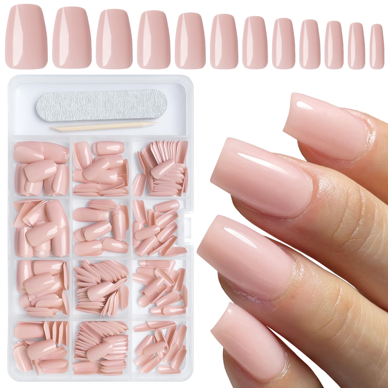 AddFavor 300pcs Coffin Press-on Medium Fake Nails - Glossy Nude Ballerina Square Acrylic False Nails for Women & Girls | Perfect for Parties, Weddings, Date Nights & Everyday Wear