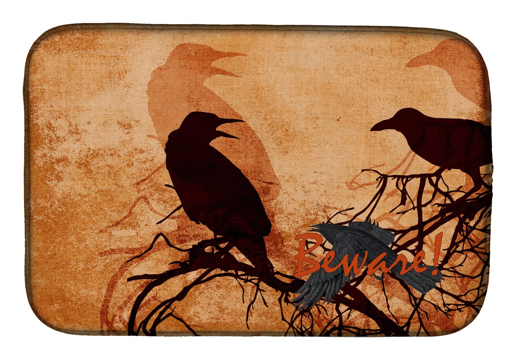 Beware of Black Crows Halloween Dish Drying Mat - Absorbent Kitchen Counter Pad (14x21