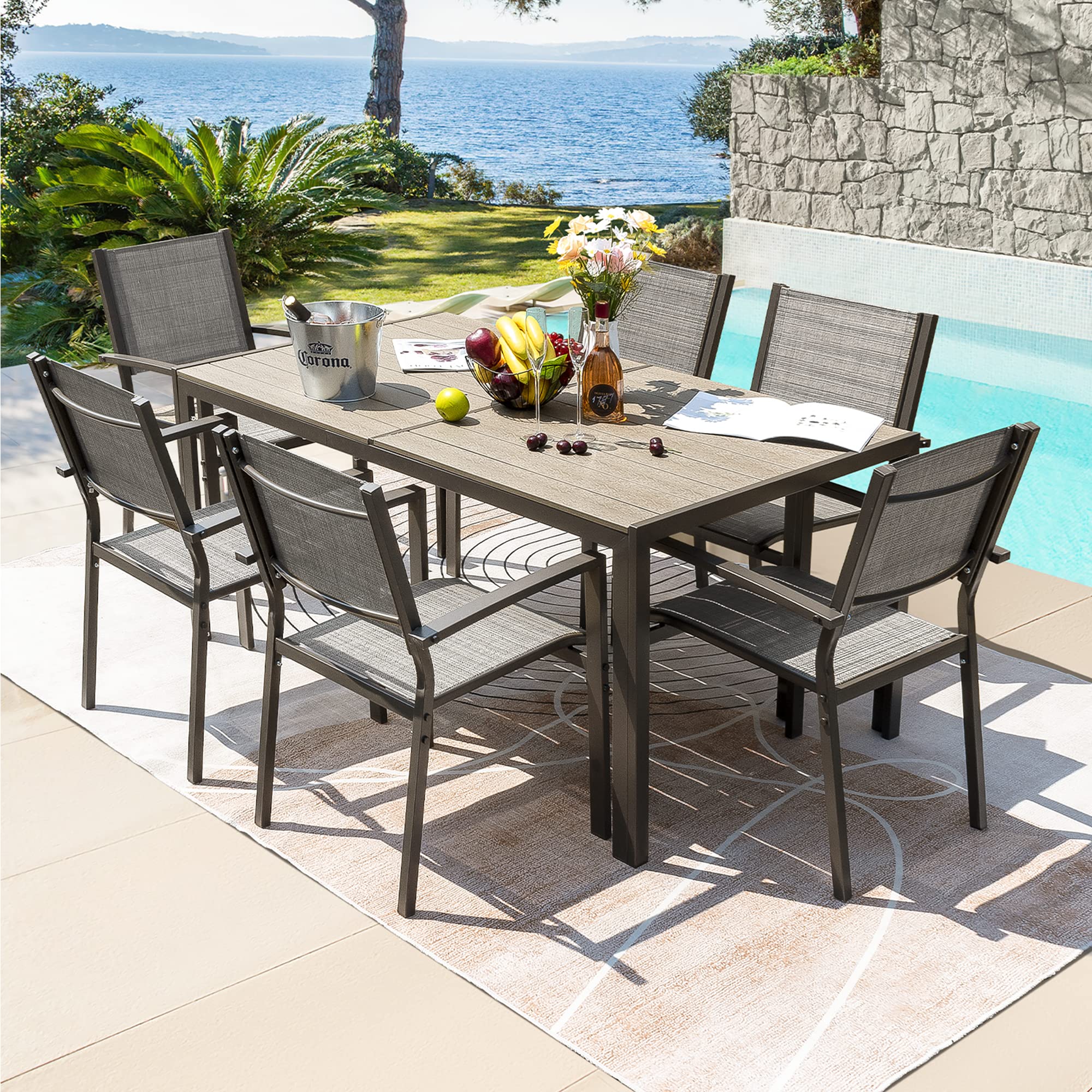 Rankok 7-Piece Outdoor Patio Dining Set - Weather-Resistant Table & 6 Stackable Textilene Chairs - Perfect for Garden, Yard, Poolside & Backyard Entertaining (Gray)