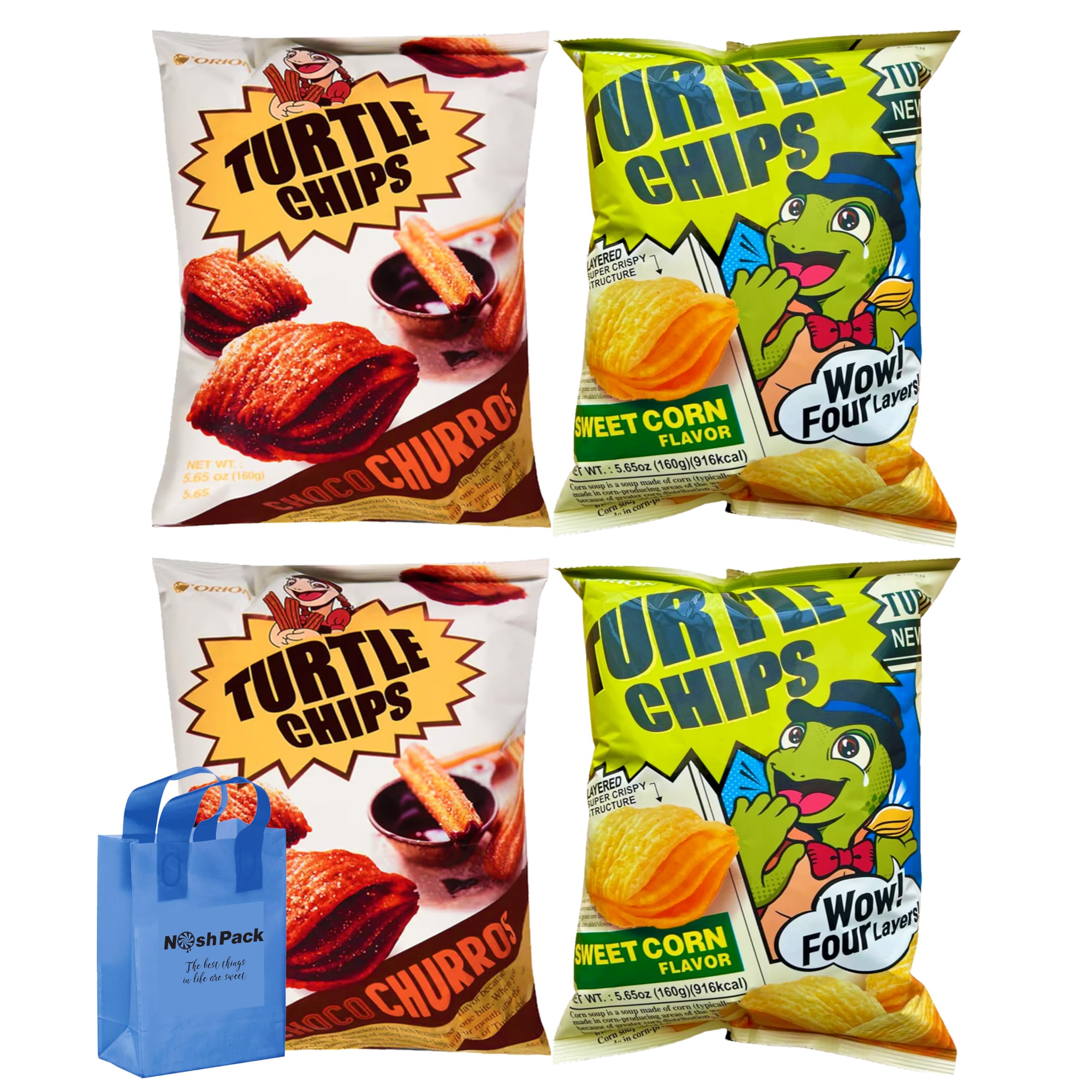 Orion Turtle Chips Variety Pack - Choco Churros & Sweet Corn Flavors (2 of Each) | Authentic Japanese Korean Snacks | Crunchy Corn Tortilla Chips | Perfect for Parties, Movie Nights & Gifts | 4-Pack with Reusable Nosh Bag