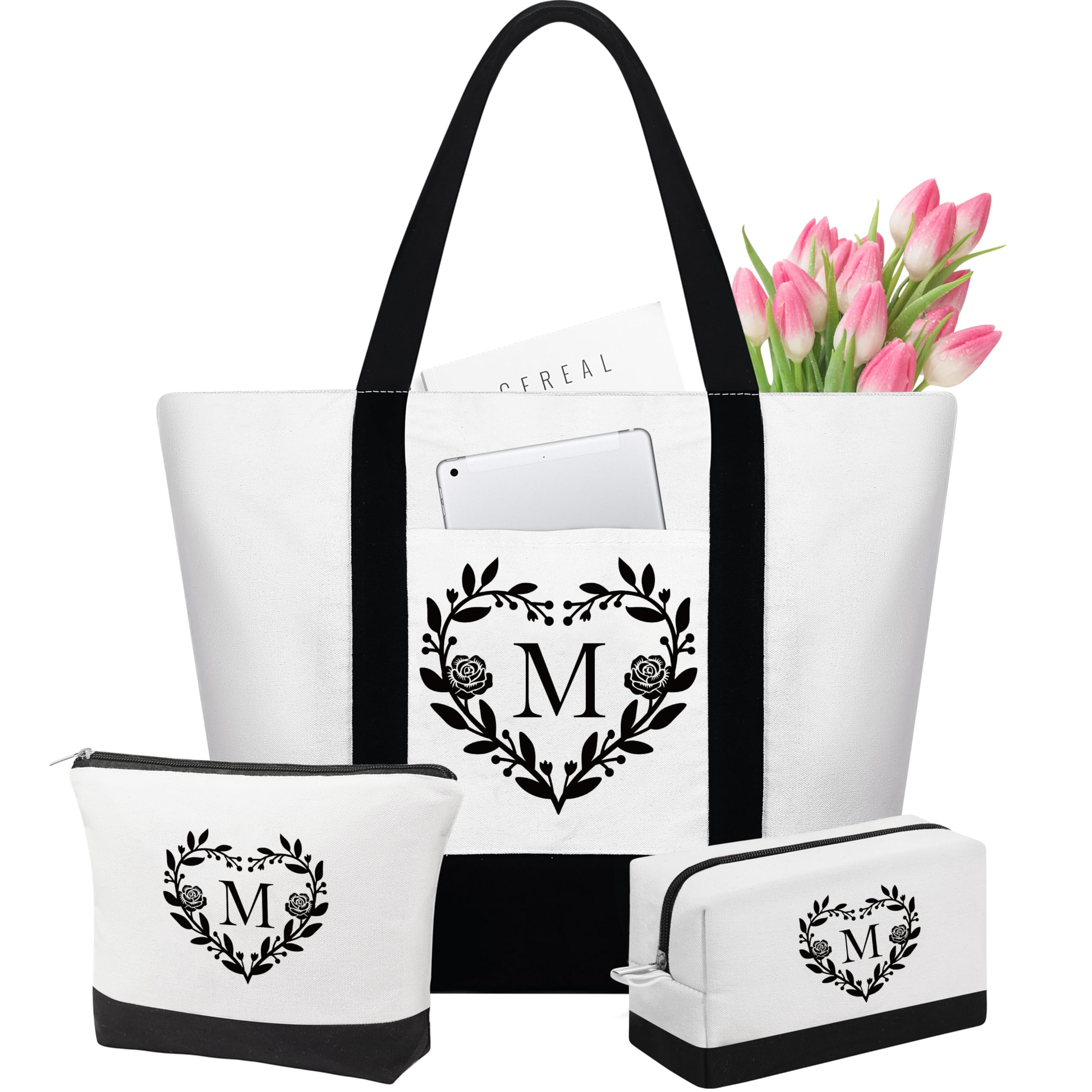 YOOLIFE Personalized Initial Tote Bag & Makeup Bag Set - Christmas, Birthday Gifts for Women, Mom, Teacher, Friend, Daughter - Perfect for Travel, Work & Daily Use