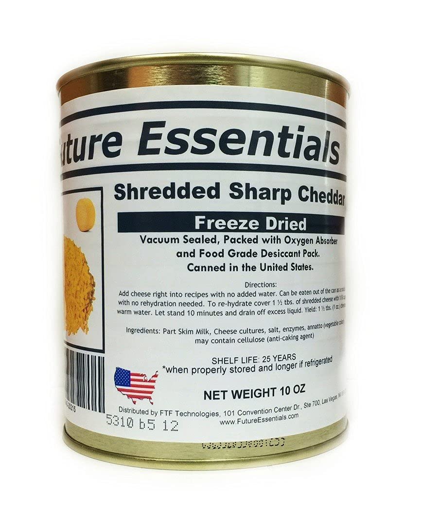 Freeze Dried Shredded Sharp Cheddar Cheese - Long Shelf Life, No Refrigeration Needed | Ideal for Emergency Food Storage, Camping, Hiking & Survival Kits | 2.5oz Can (Pack of 1) | Great for Outdoor Adventures, Prepper Pantries & Quick Meals