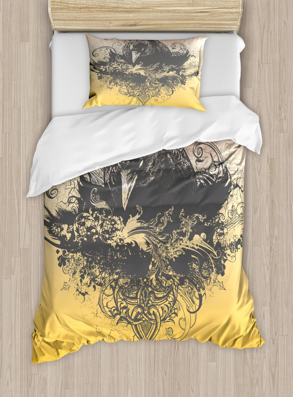 Ambesonne Black Halloween Duvet Cover Set - Wicked Crow & Ornate Flowers Print, Twin Size 2-Pack (2 Duvet Covers + 2 Pillowcases) - Spooky Gothic Bedding for Teens & Adults - Perfect for Halloween Decor & Themed Bedrooms