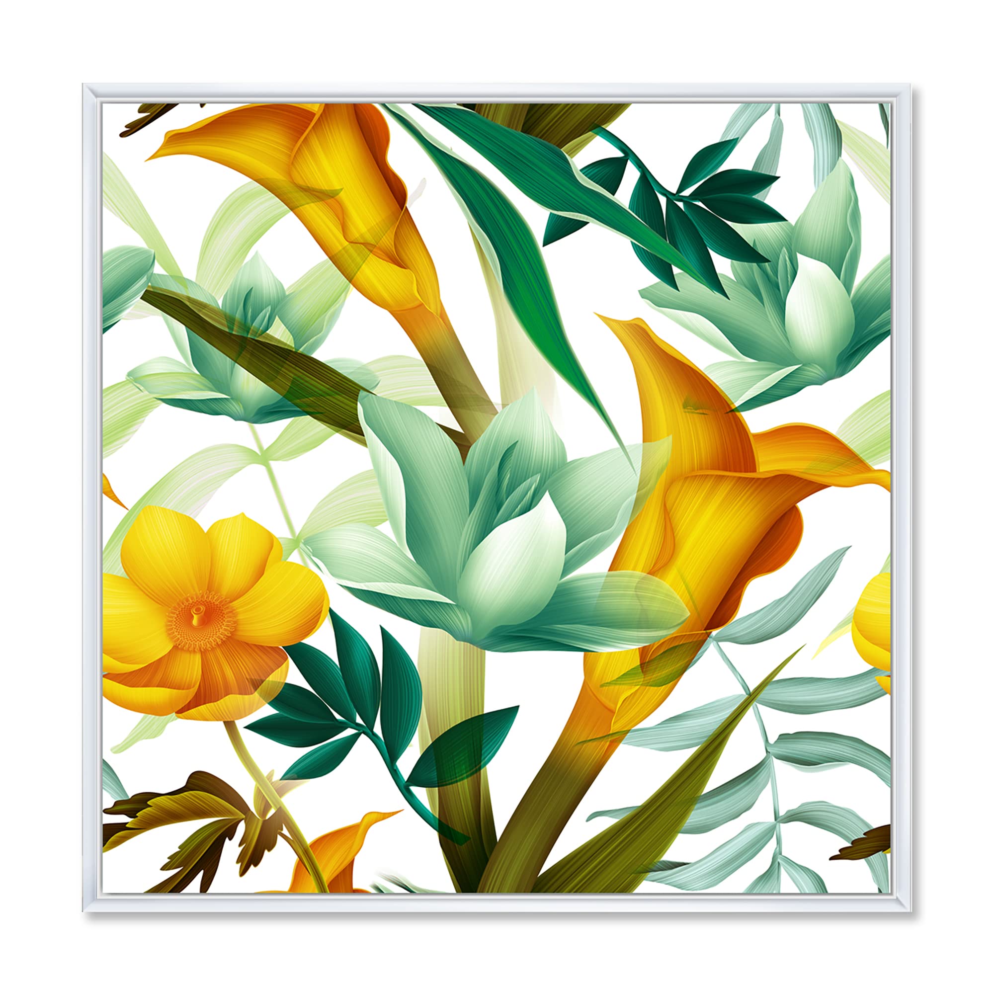 DesignQ Tropical Foliage & Yellow Flowers III - Modern Framed Canvas Wall Art Print for Living Room, Bedroom & Office Decor
