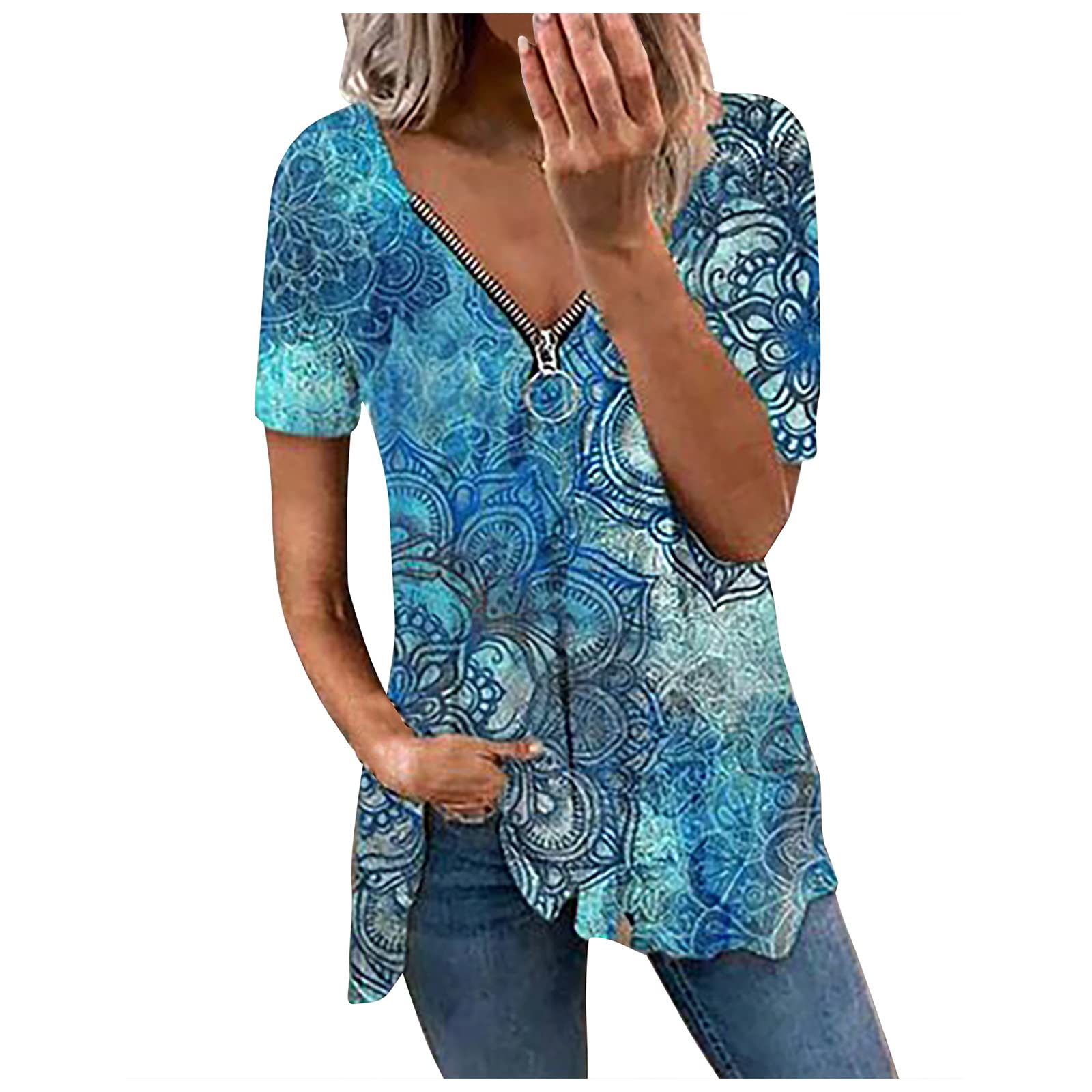 FMCHICO Women's Striped Print Tunic Top - V Neck Zipper Tee Short Sleeve Blouse, Casual Loose Fit Shirt for Everyday Wear, Office & Weekend Outings