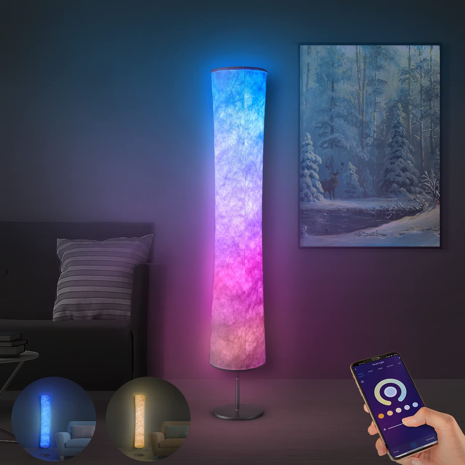 RGB Color Changing Smart Floor Lamp with Alexa & App Control - DIY Mode, Music Sync, White Fabric Shade - Modern Standing Torchlet Lamp for Living Room, Bedroom, Gaming Room & Home Theater Lighting