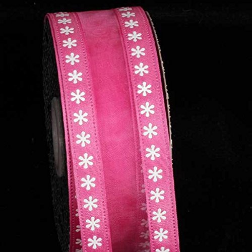 Semi-Sheer Hot Magenta and White Foil Floral Wired Craft Ribbon - 1.5 Inch x 40 Yards for Gift Wrapping, DIY Decorations, Wedding Bouquets, and Scrapbooking Projects