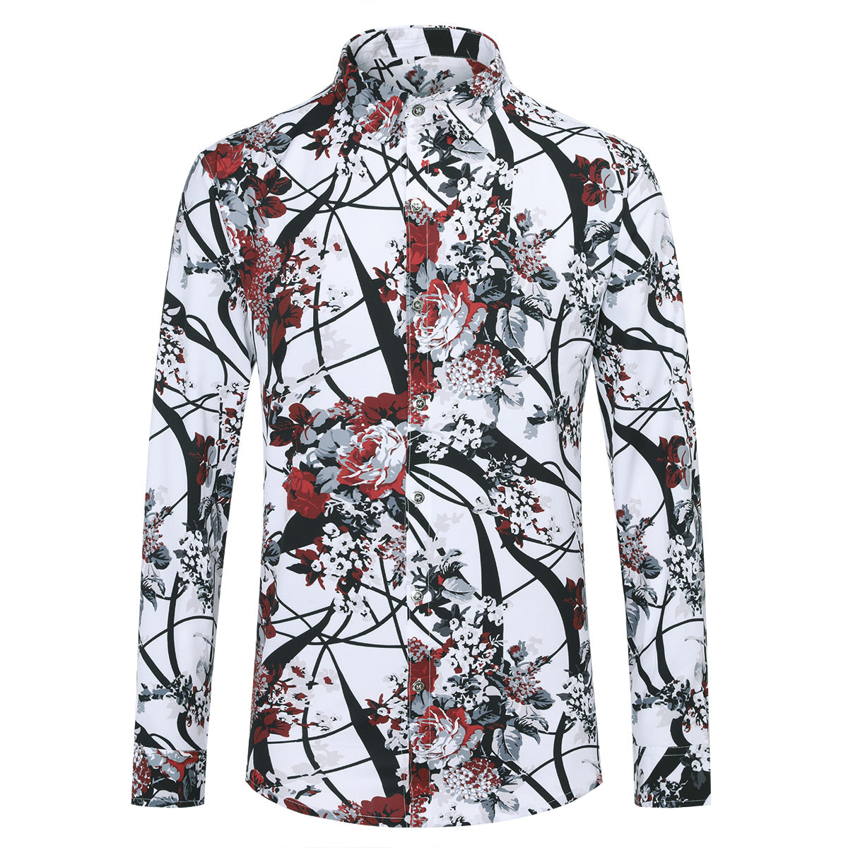 Stylish Slim Fit Red Plum Blossom Print Shirt for Men - Trendy Casual & Office Wear - Perfect for Date Nights, Parties & Business Meetings