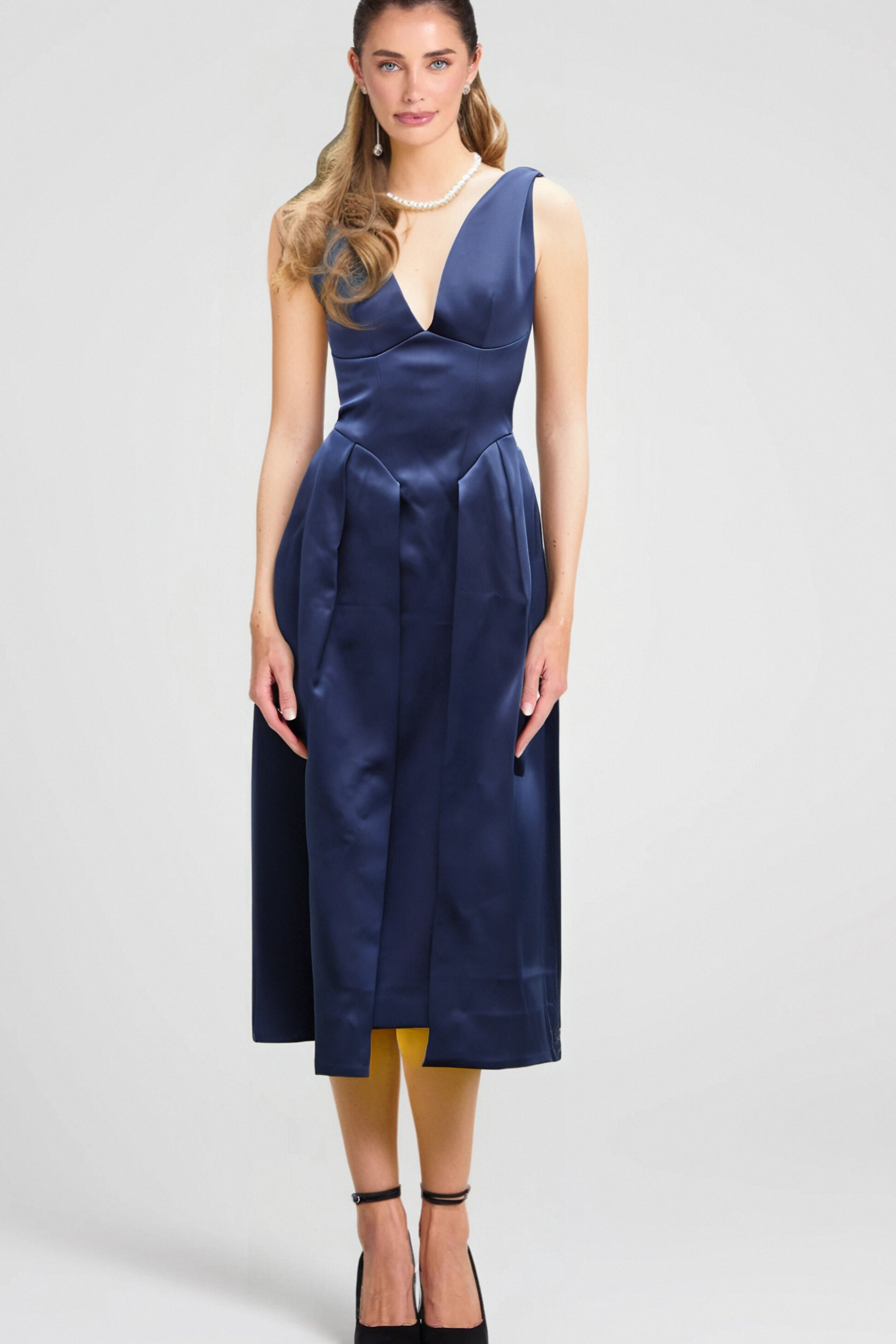 Chantale Blue Satin Midi Dress with Twist Detail - Elegant Party & Evening Wear for Women