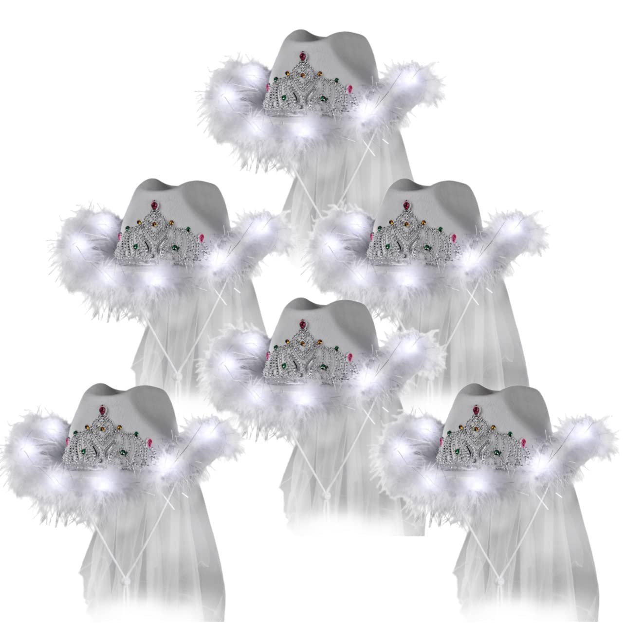 Blinkee 6-Pack Light Up White Tiara Bridal Cowgirl Hats with Veil - Perfect for Bachelorette Parties, Weddings & Bridal Showers - Battery Powered LED Headpieces for Women & Girls