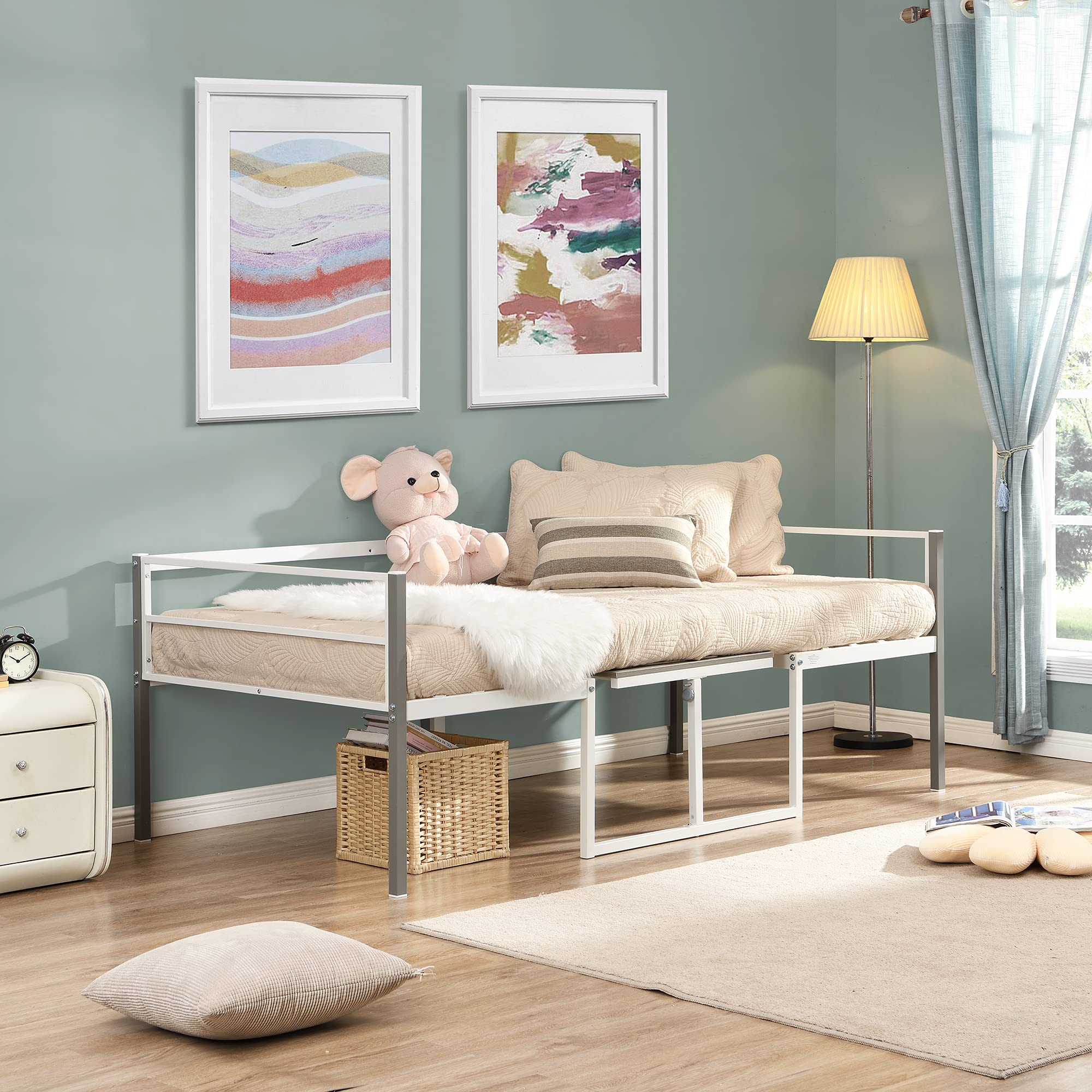 SQX Twin Size Adjustable Metal Daybed with Built-in Desk - Height Adjustable Study Bed for Kids & Teens - Perfect for Small Bedrooms, Dorm Rooms & Home Offices (White)