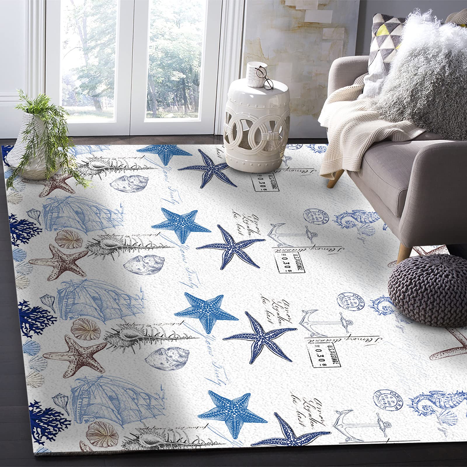 4'x6' Non-Shedding Outdoor Area Rug - Coastal Beach Theme with Seashell & Starfish Design for Bedroom, Living Room, Kitchen, Bathroom Decor | Perfect for Summer Home Decor, Patio, and Beach House Style