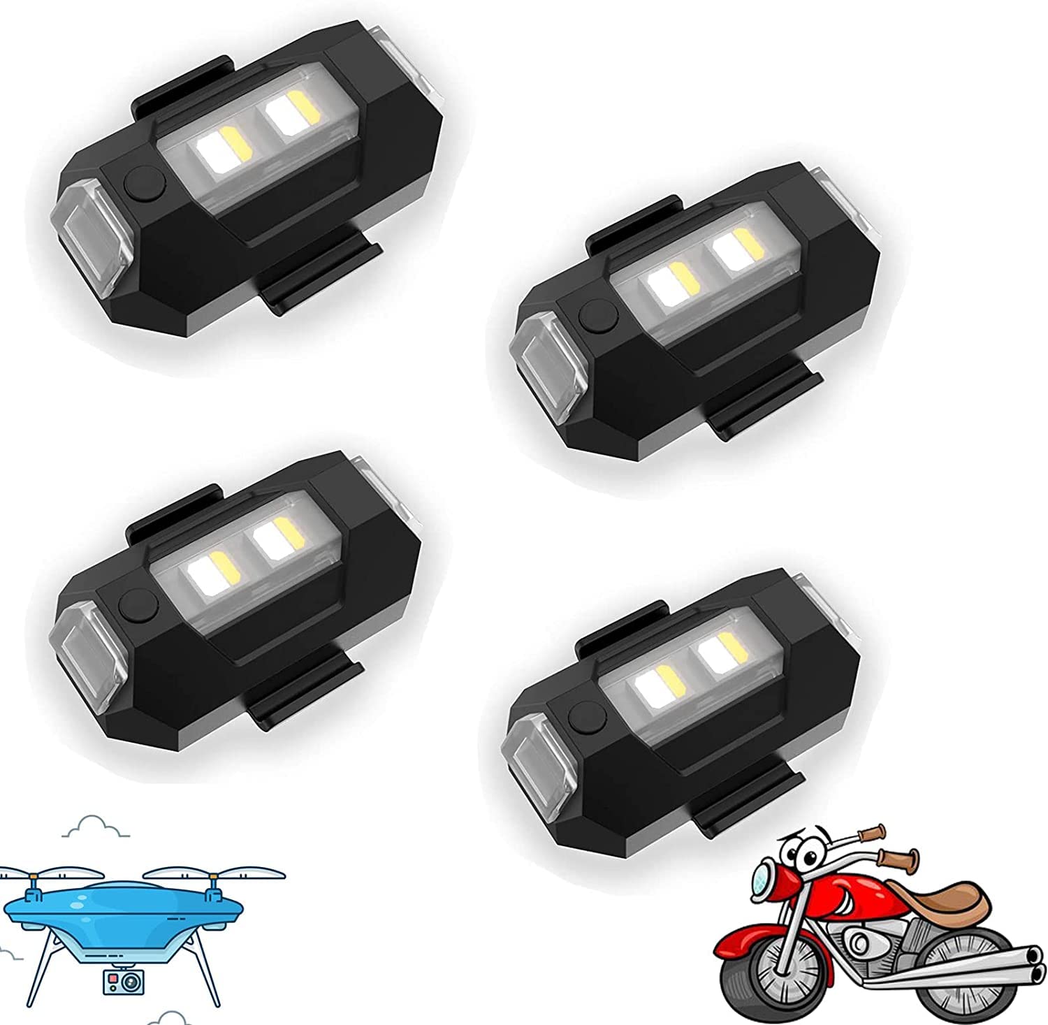 4 Colors LED Aircraft Strobe Lights with USB Charging - Drone Anti-Collision Lights, Night Signal Lights for Drones, Cars, Motorcycles & Bicycles | Perfect for Night Flying, Road Safety and Emergency Signaling