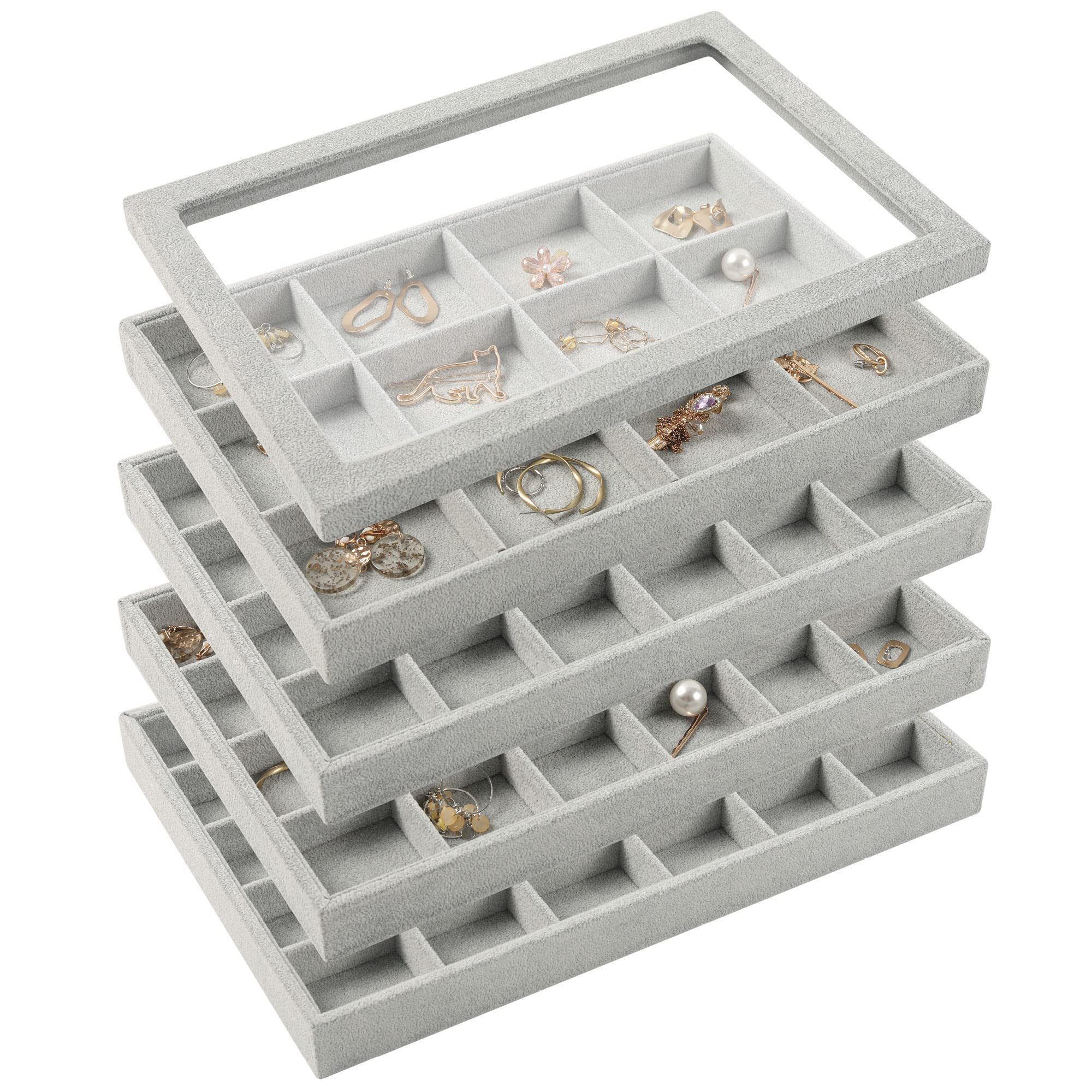 DIOMMELL 4 Pack Stackable Jewelry Organizer Box with Lid - Jewelry Storage Tray for Rings, Earrings, Bracelets & Necklaces - Perfect for Dresser, Vanity & Travel (Grey)
