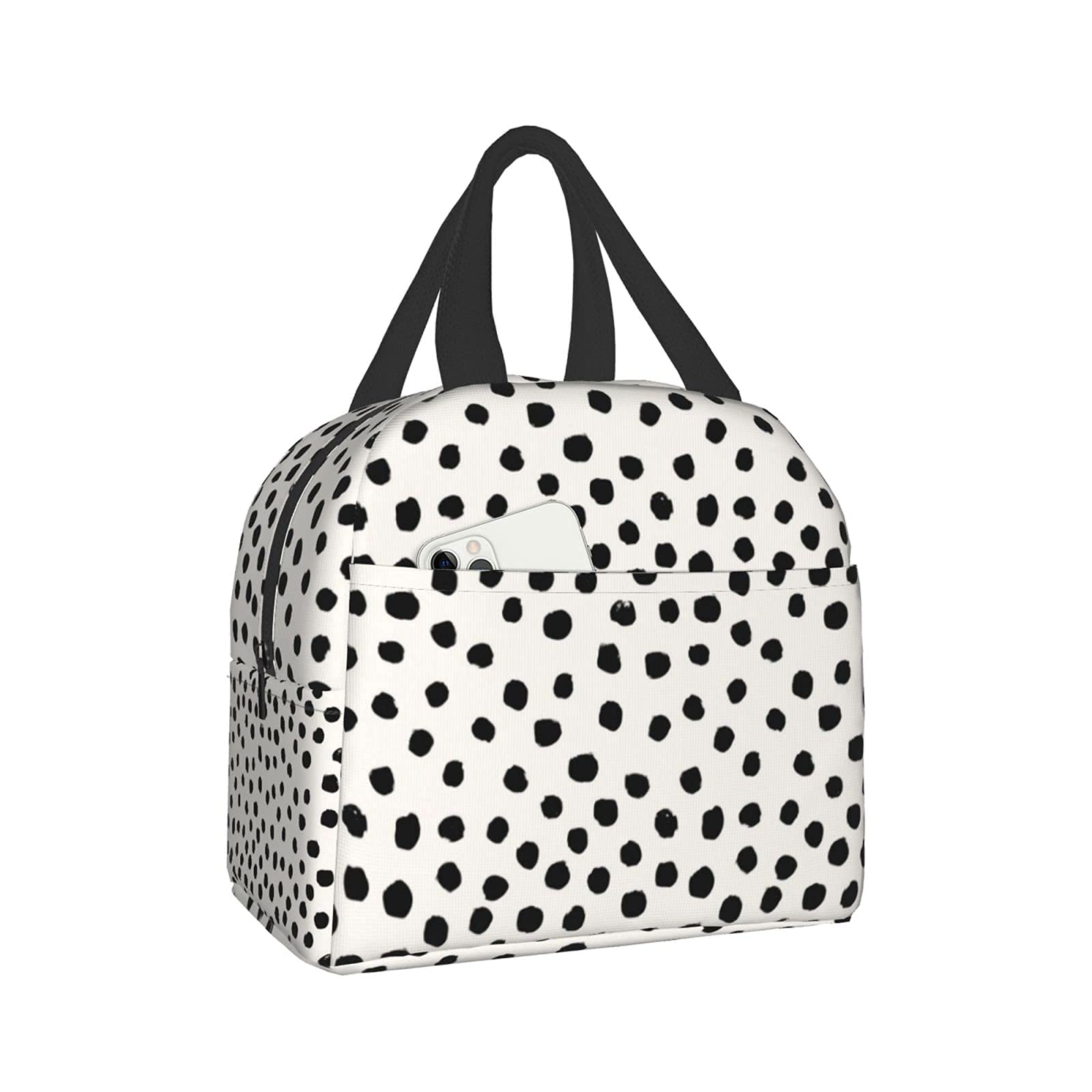 Stylish Black Polka Dot Insulated Lunch Bag for Women & Men - Reusable Thermal Lunch Box Container, Leakproof Tote for Office, School, Picnic, Beach & Outdoor Activities