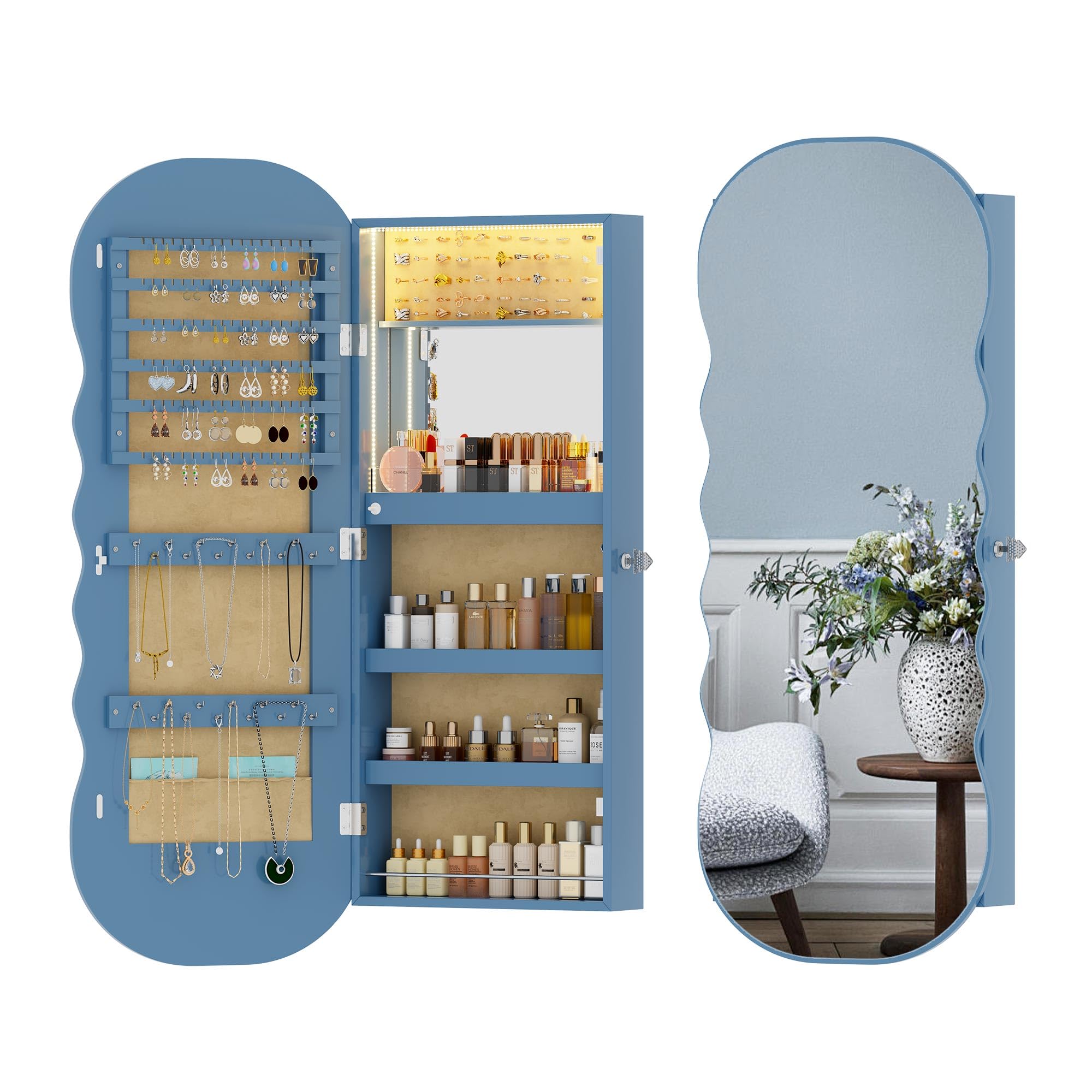 HNEBC LED Mirror Jewelry Cabinet - Wall/Door Mounted Jewelry Armoire Organizer with Lights & Lock - 42.5