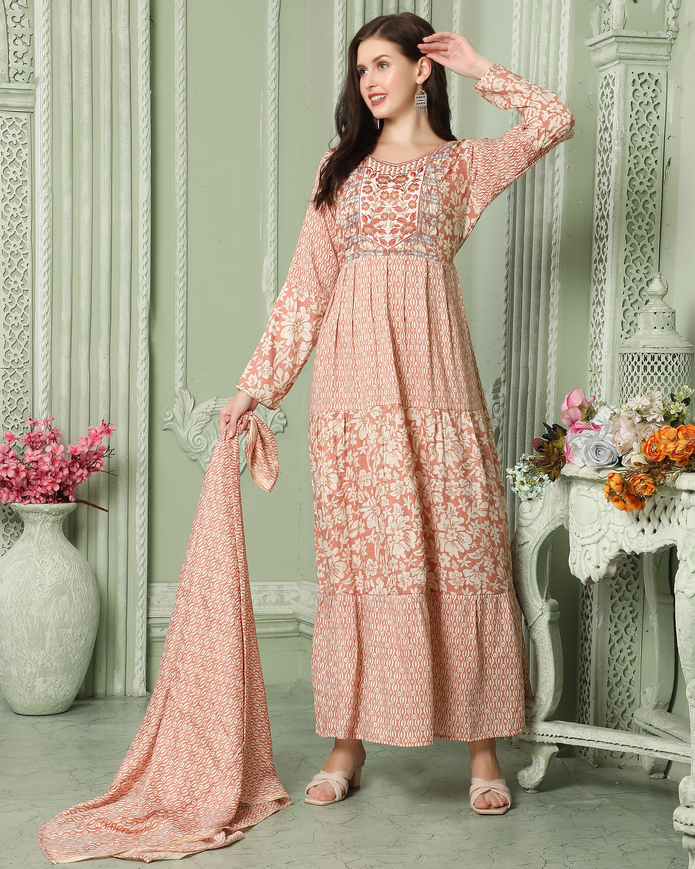 Elegant Flared Farasha Dress with Block Print & Embroidery - Designer Women's Party Wear for Weddings, Festivals & Special Occasions