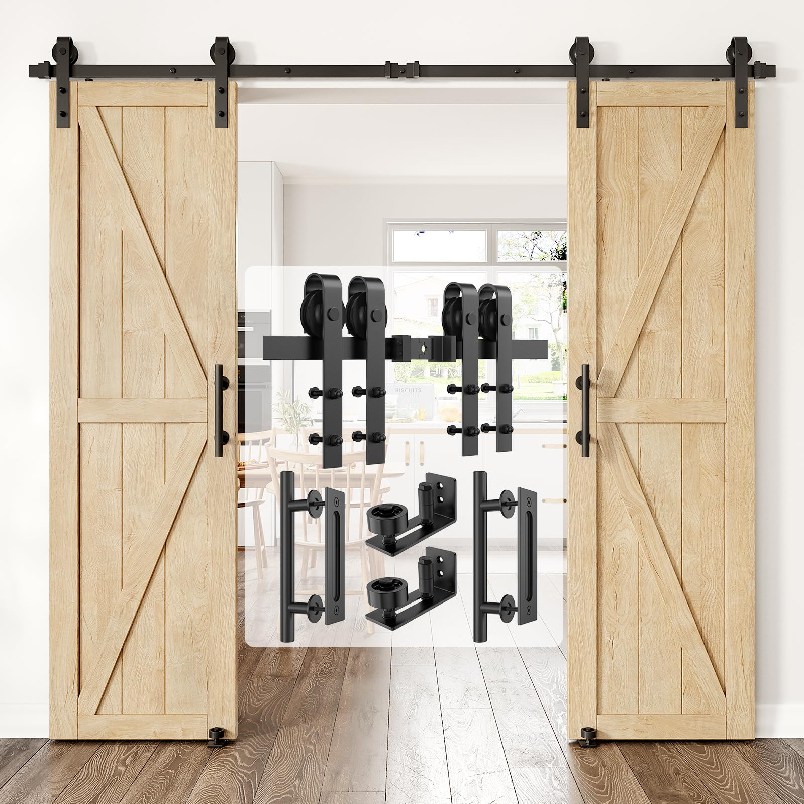 10ft Heavy Duty Sliding Barn Door Hardware Kit for Double Doors - Includes 2 Round Handles & 2 Floor Guides - Fits 1 3/8