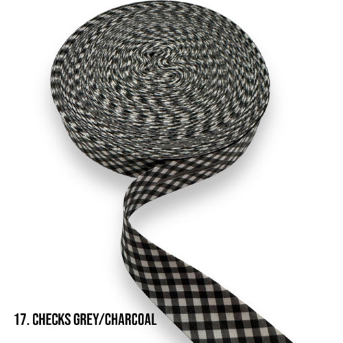 1 Inch (25mm) Check Grey & Charcoal Bias Binding Tape - Perfect for Quilting, Sewing, and DIY Craft Projects