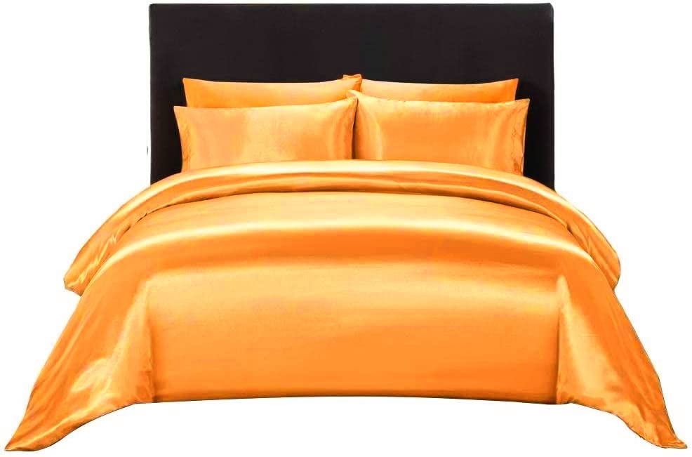Ultra Soft Silk Satin King Size 4-Piece Duvet Cover Set - Orange Luxury Bedding with Zipper Closure (Duvet Cover + Fitted Sheet + 2 Pillowcases) - Perfect for Master Bedroom, Guest Room & Hotel Decor