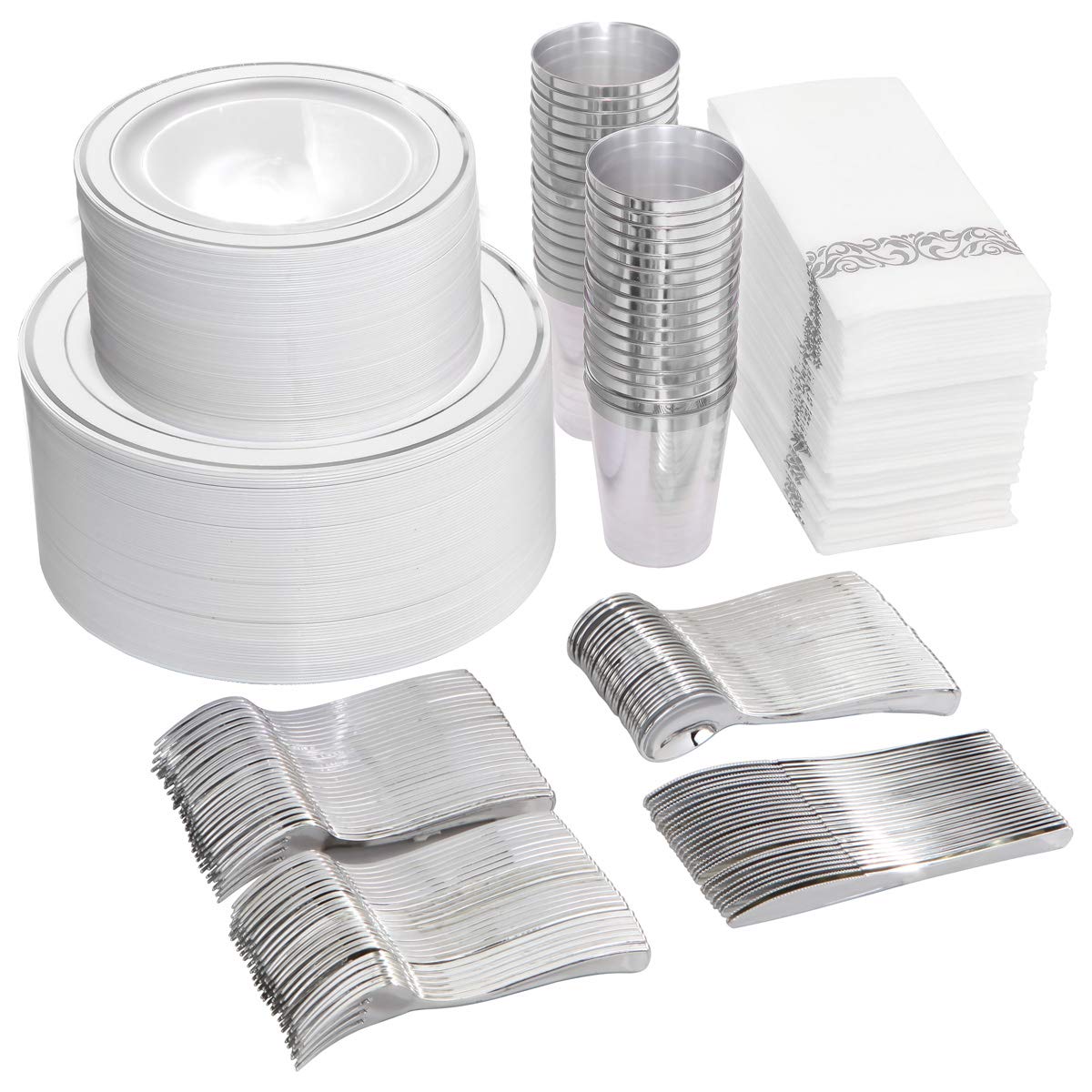 700-Piece Silver Disposable Dinnerware Set for 100 Guests - Includes 100 Dinner Plates, 100 Dessert Plates, 100 10oz Cups, 100 Napkins & 100 Plastic Cutlery Sets | Perfect for Weddings, Parties, Catering & Large Events