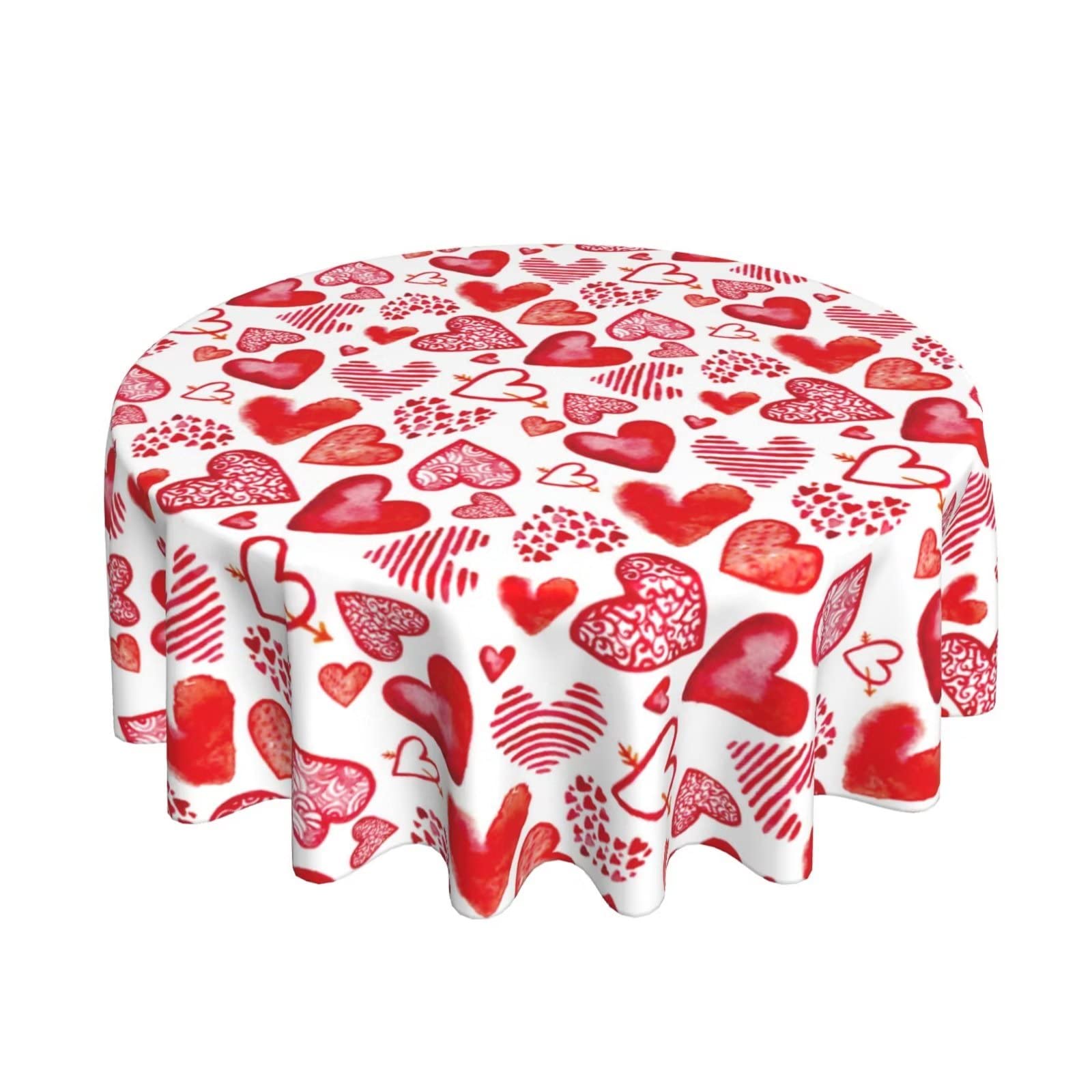 Valentine's Day Round Tablecloth 60 Inch - Red Heart Pattern Waterproof Washable Polyester Table Cover for Kitchen, Dining Table, Party Decor | Perfect for Romantic Dinners, Anniversary Celebrations & Holiday Gatherings