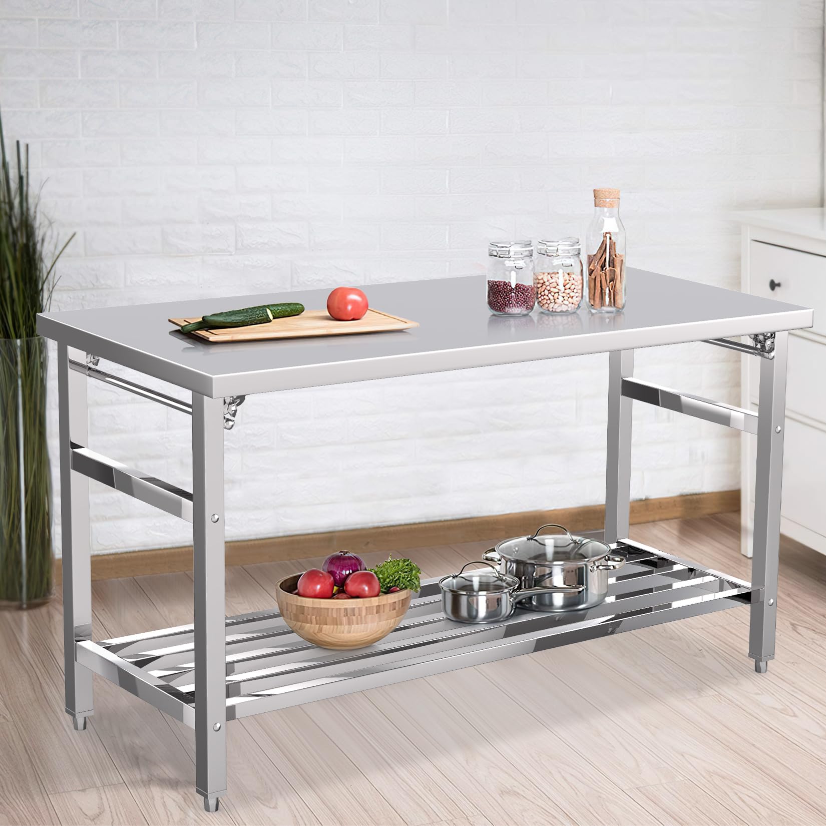 60 x 24 Inch Commercial Stainless Steel Prep Table with Adjustable Undershelf - Heavy Duty Folding Kitchen Island Workstation for Restaurant, Bakery & Laundry Use - Perfect for Food Prep, Cooking & Cleaning Tasks