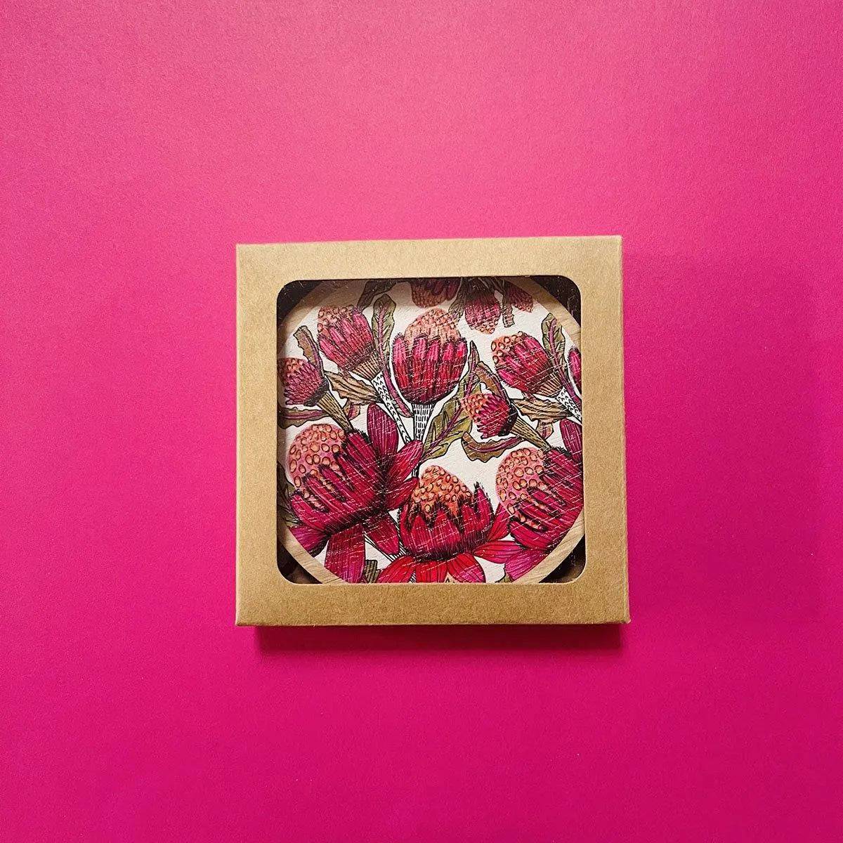 Premium Waratah Flower Wooden Coaster Set - Handcrafted Australian Native Floral Design - Perfect for Home Decor, Coffee Tables & Gift Giving