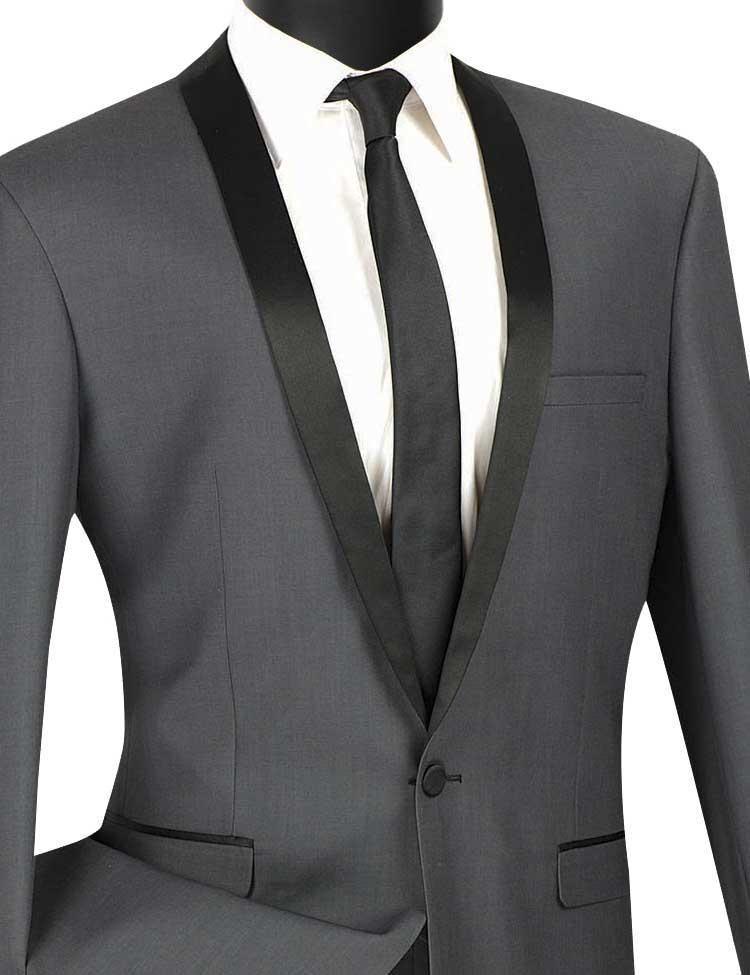 Heather Gray Slim Fit Tuxedo Suit with Narrow Black Shawl Lapel & Matching Pants | Formal Wedding, Prom, Black Tie Event Outfit for Men
