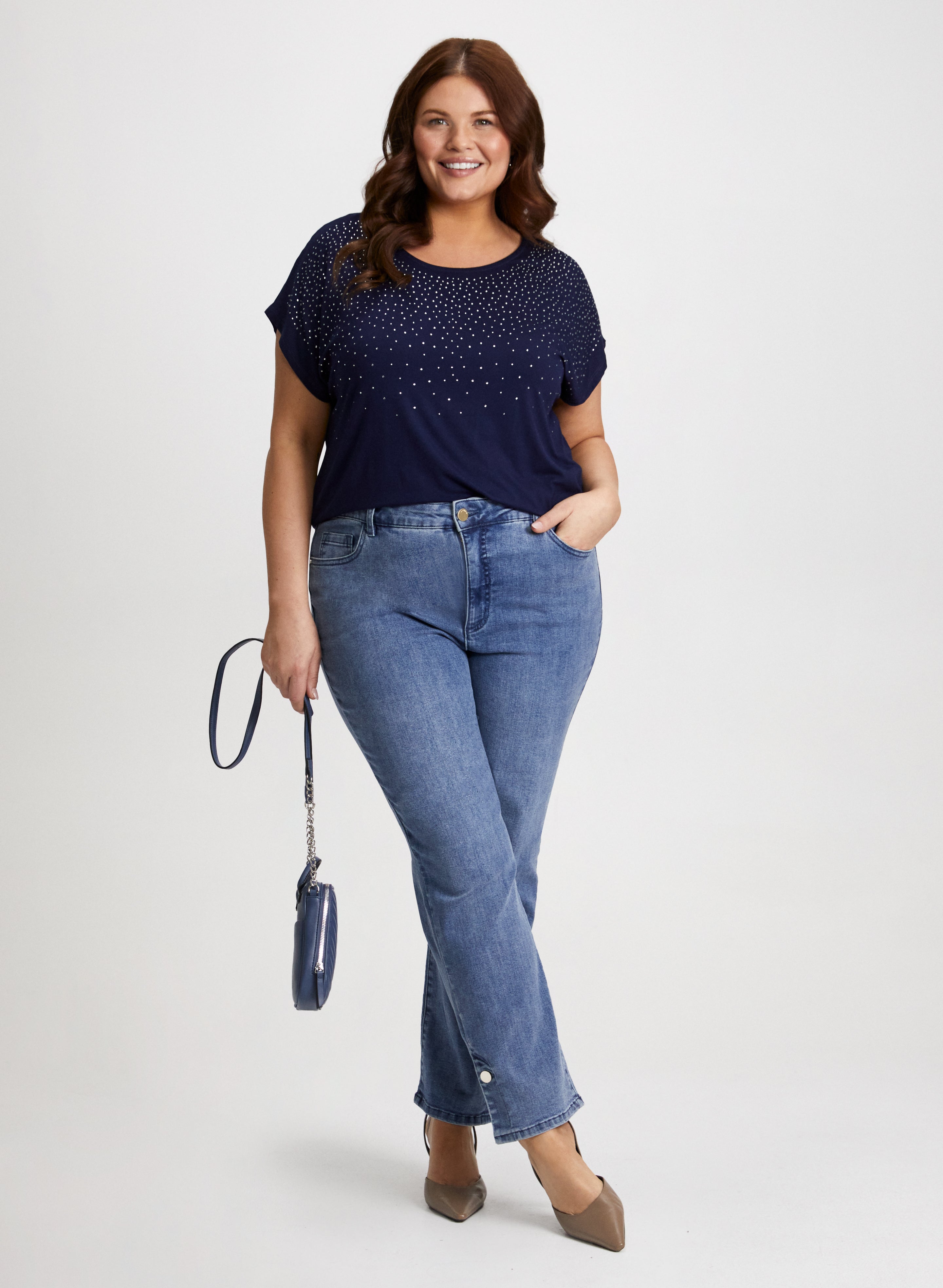 Embellished T-Shirt & Straight Leg Jeans for Women - Trendy Casual Outfit for Everyday Wear, Date Night & Shopping