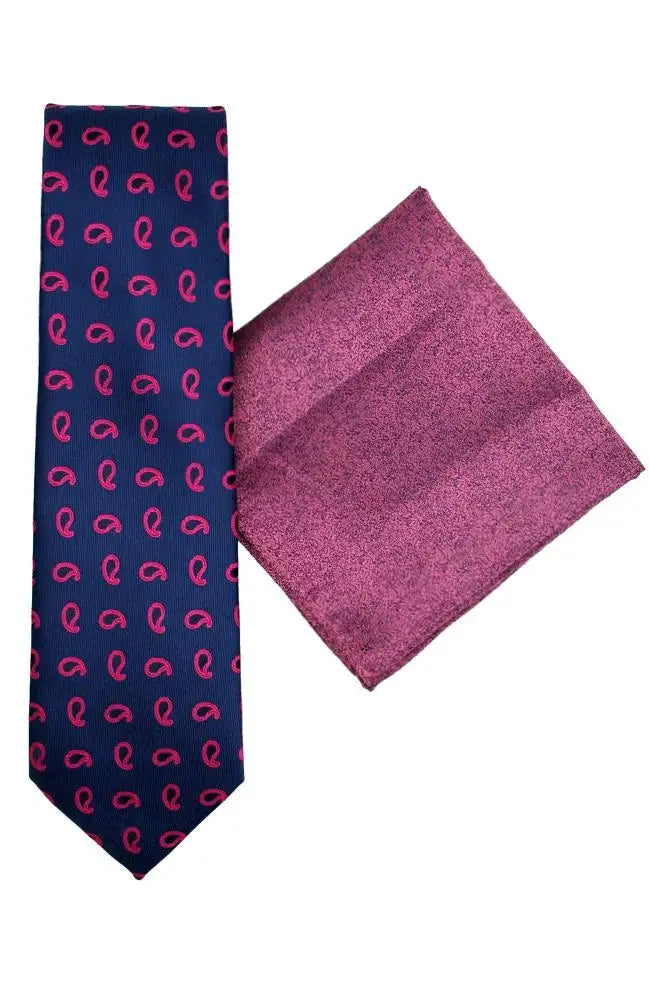 L A Smith Blue and Pink Paisley Tie and Pocket Square Set - Elegant Formal Accessories for Weddings, Business Meetings & Special Occasions