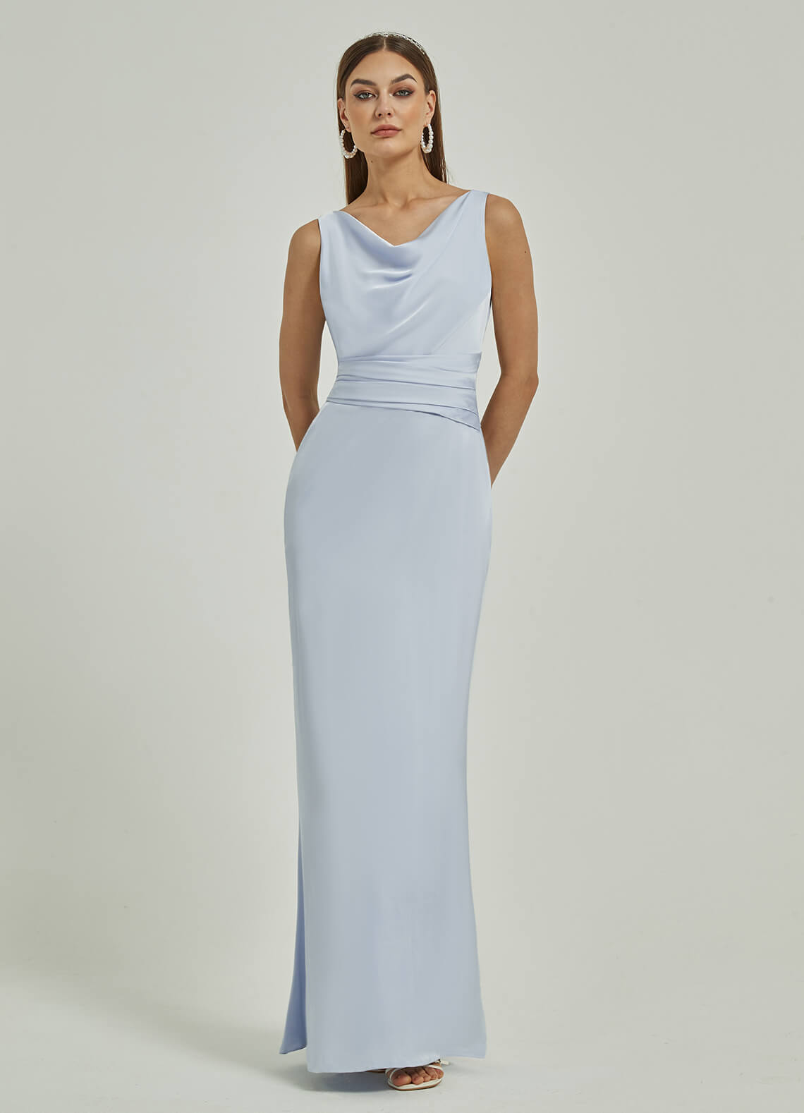 Elegant Cornflower Blue Silk Satin Cowl Neck Sheath Backless Maxi Bridesmaid Dress - Perfect for Weddings, Formal Events & Evening Parties