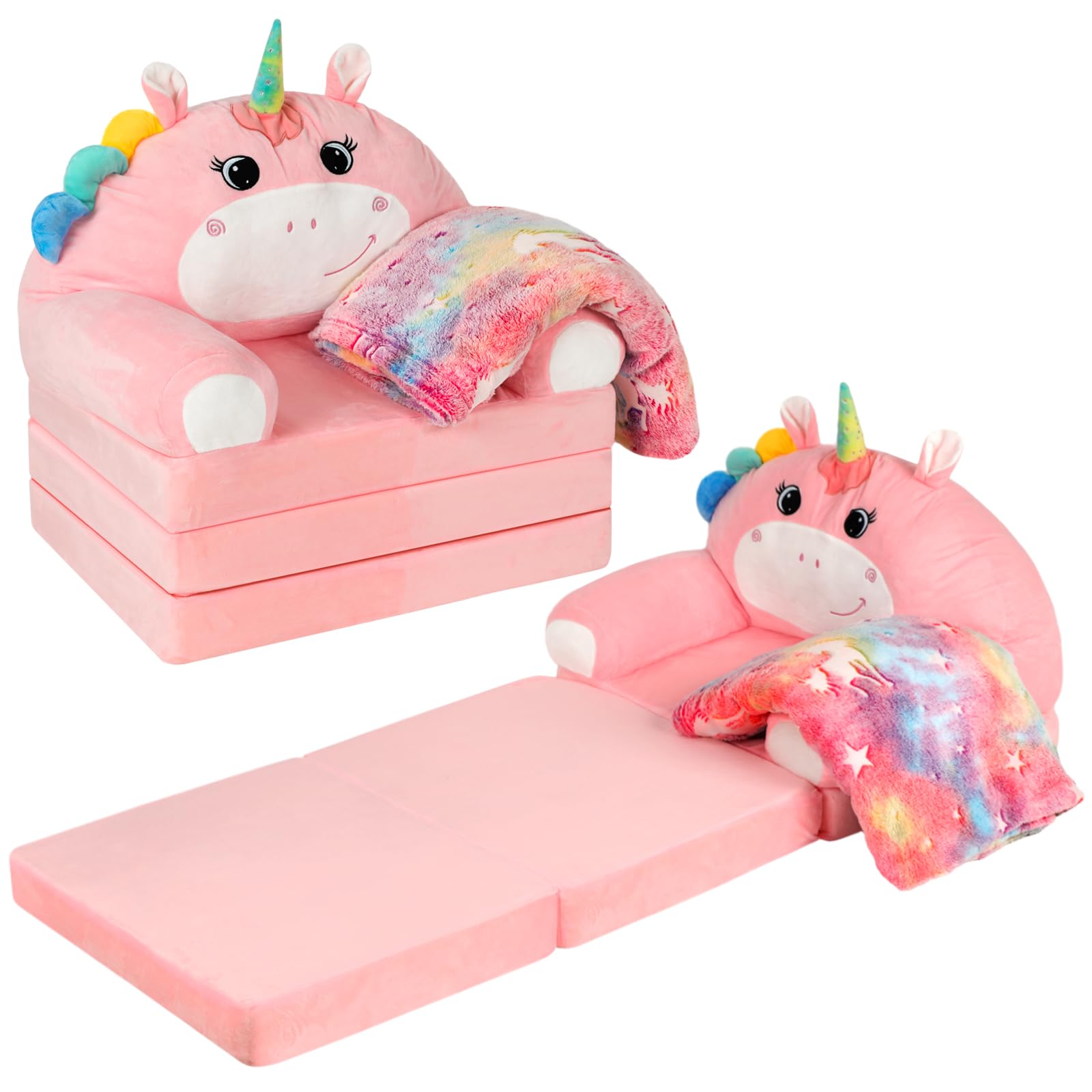 **Unicorn Toddler Chair 2-in-1 Convertible Sofa to Lounger - Foldable Kids Couch with Soft Velvet Blanket, Comfy Pink Toddler Furniture for Playroom & Nursery**