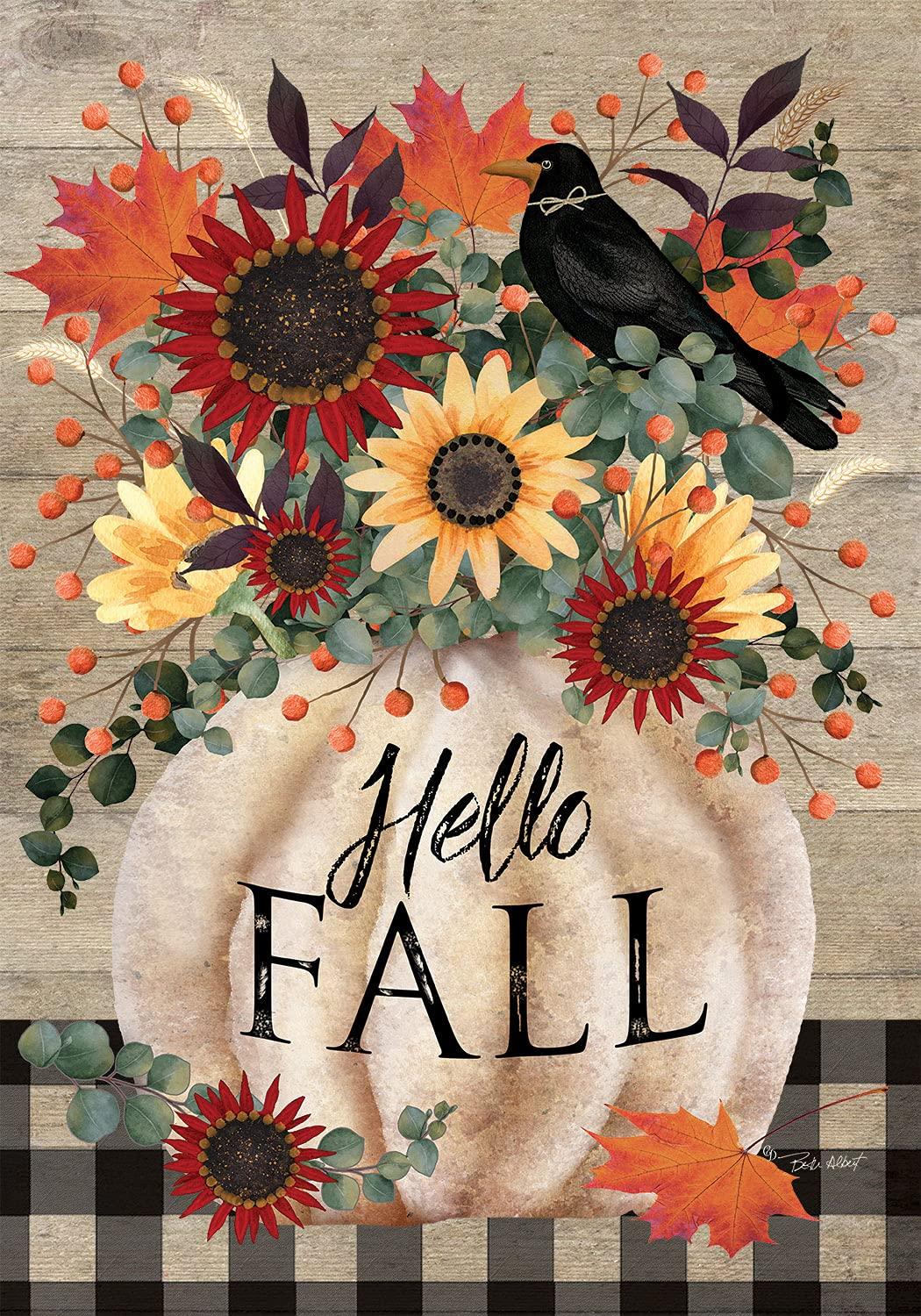 Pumpkin & Crow Hello Fall Garden Flag - Autumn Decor for Porch, Yard & Outdoor Seasonal Display
