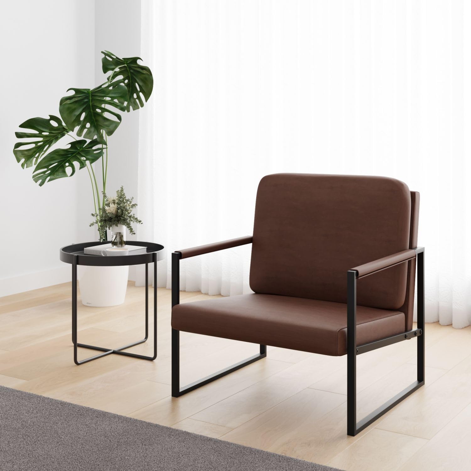 Mid Century Modern Accent Chair - PU Leather Upholstered Armchair with Padded Seat & Backrest, Sturdy Metal Frame - Comfortable Reading Chair for Living Room, Bedroom, Office & Balcony - Perfect for Relaxing, Reading & Home Decor