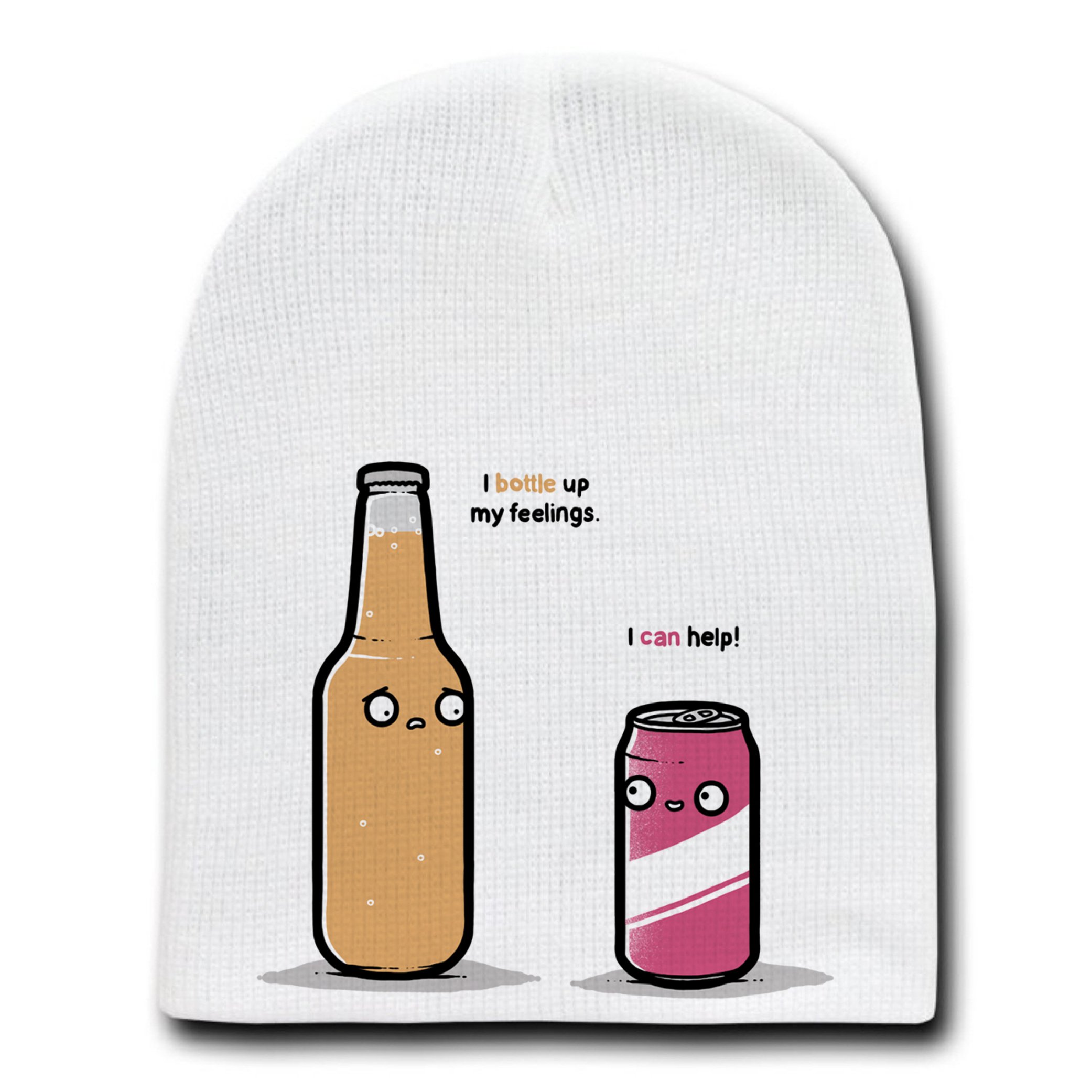 Bottled Up Beverage Feelings Humor Beanie - Funny White Skull Cap Winter Hat for Men & Women | Perfect for Cold Weather, Gifts, and Casual Outfits