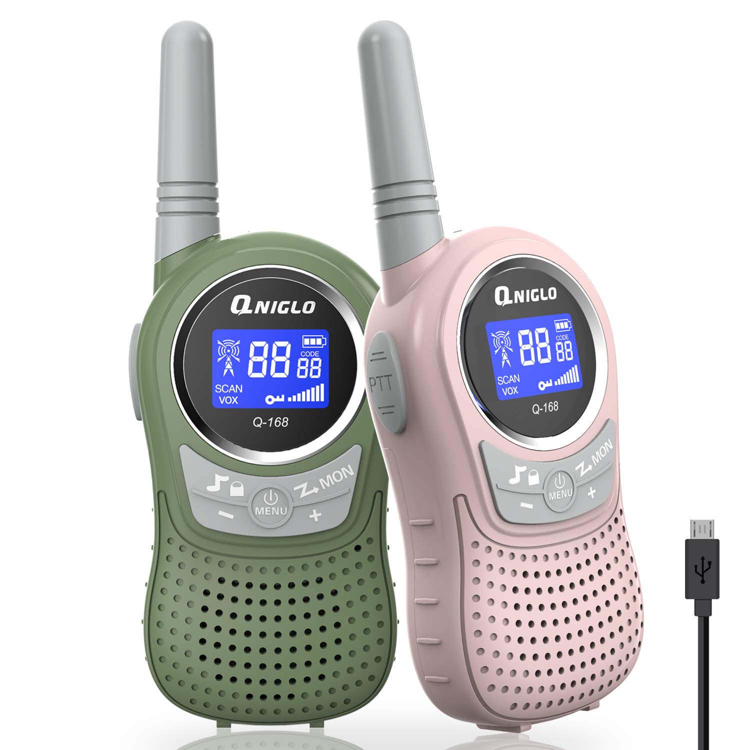 QNIGLO Kids Walkie Talkies Rechargeable - 22 Channel 2 Way Radios for Boys & Girls Ages 3-12, Long Range Communication Toy with USB Charging (Pink+Green) - Perfect for Outdoor Adventures, Camping, Hiking and Backyard Play