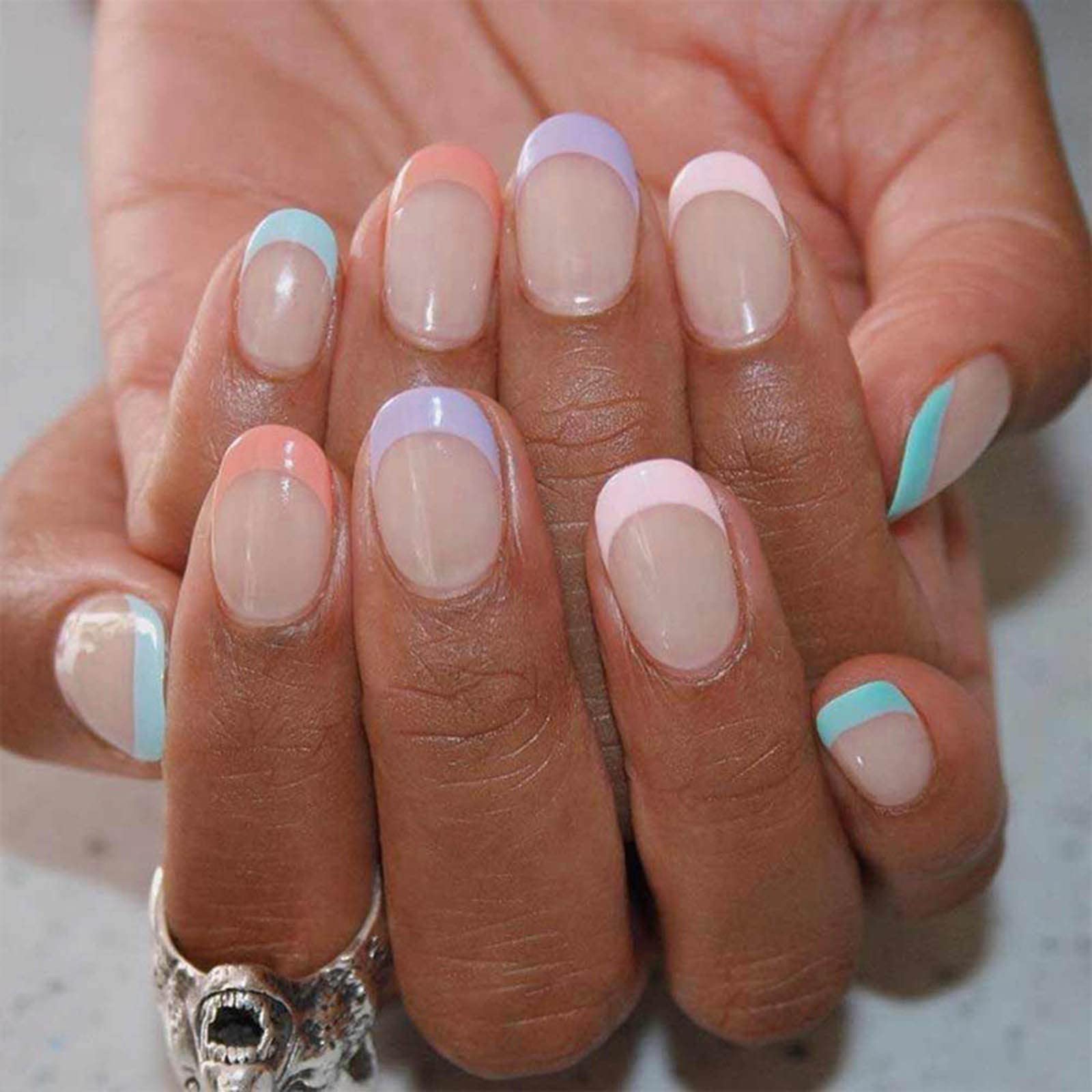 Xiloccer 24PCS Short Press On Nails - French Oval Fake Nails with Acrylic Full Cover in Candy Colors (Sky Blue, Pink, Purple) for Women & Girls | Easy DIY Manicure for Parties, Weddings & Daily Wear