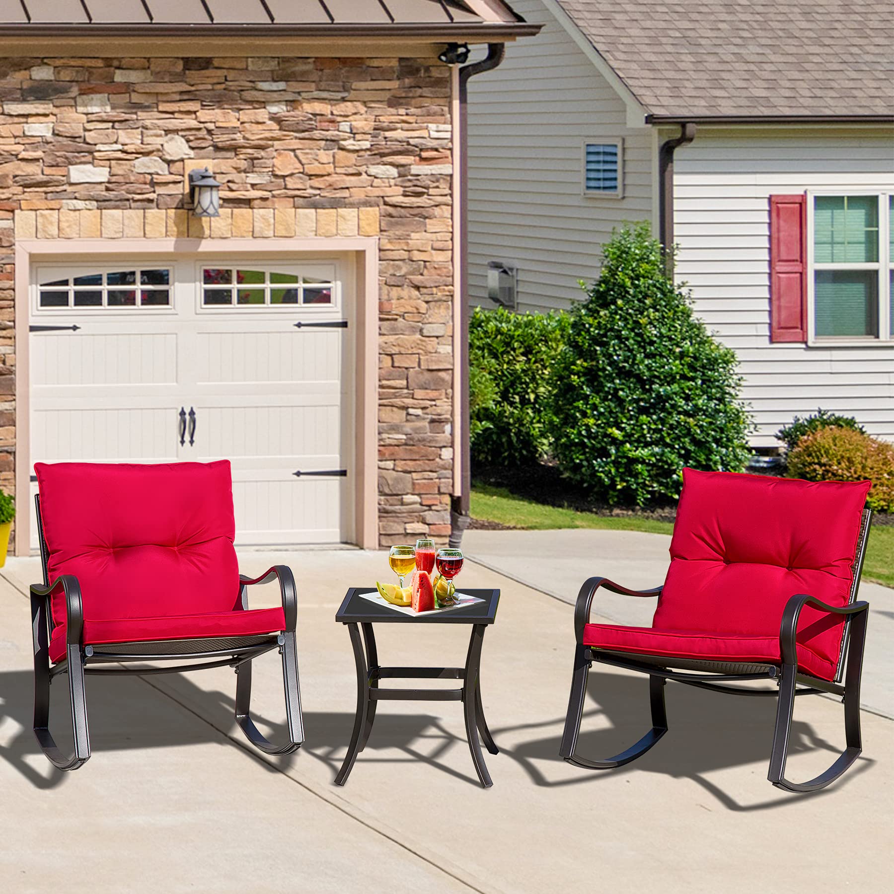 Domi Outdoor Living 3-Piece Rocking Bistro Set - Black Steel Wicker Rocking Chairs with Cushions & Glass Top Coffee Table (Red) - Perfect for Patio, Garden, Porch or Backyard Relaxation