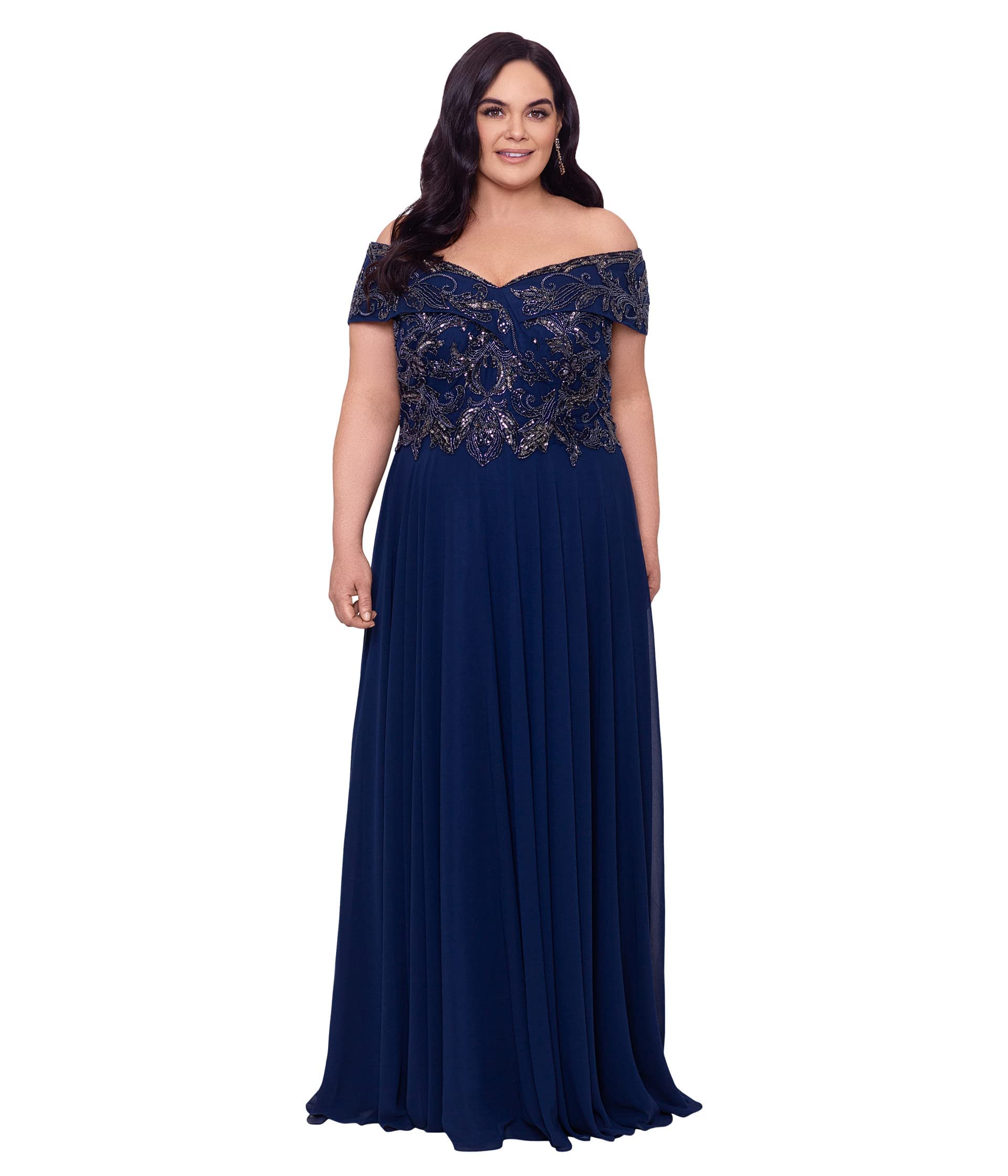 Xscape Plus Size Long Off-The-Shoulder Chiffon Bead Top for Women - Elegant Flowy Blouse with Beaded Details for Evening Parties & Special Occasions