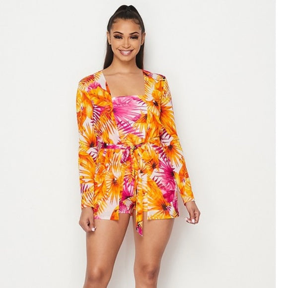 Stylish Tropical Orange & Pink Romper Set for Women - Summer Beach Outfit, Vacation Wear, Casual Party Dress