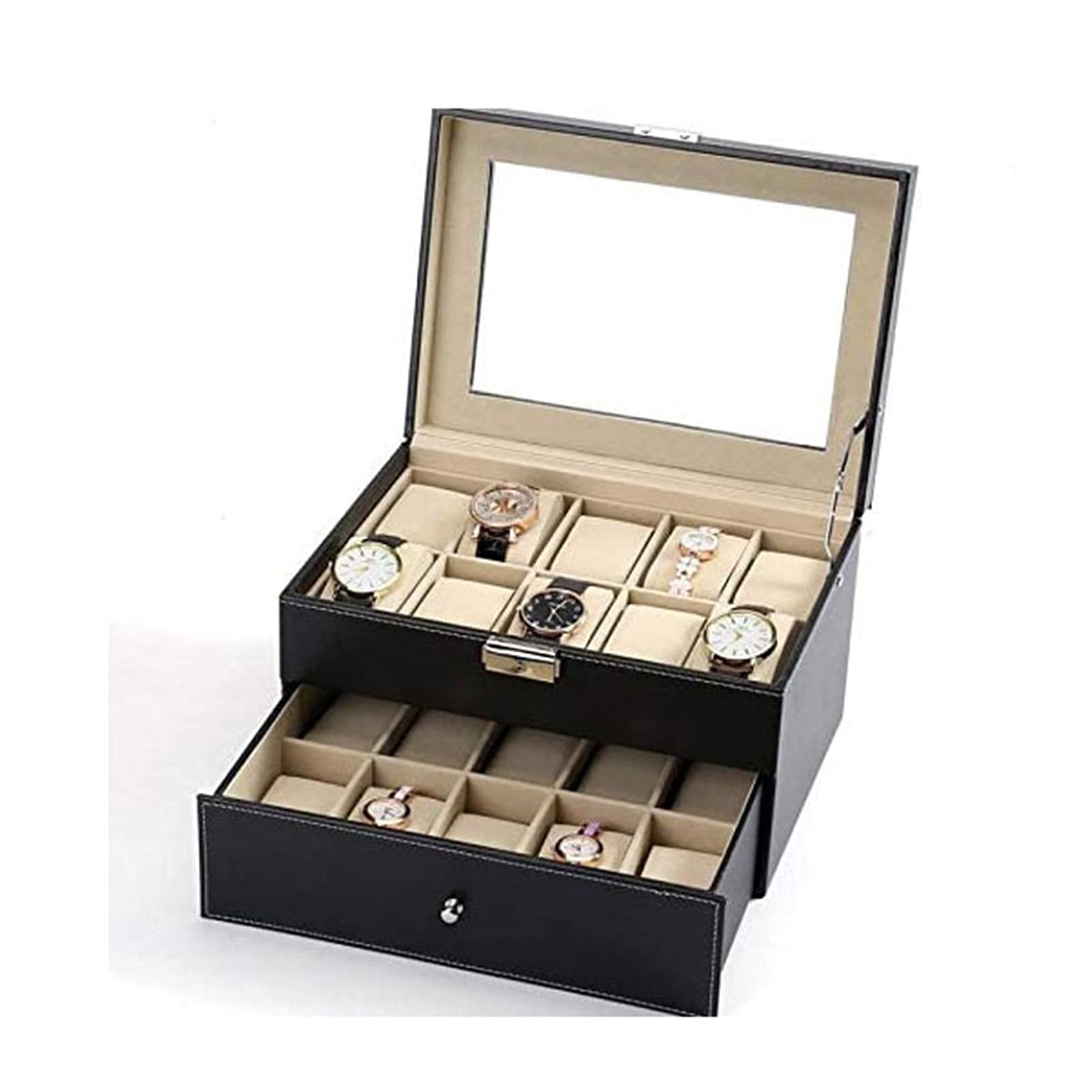YINGJIA Watch Box - PU Leather Jewelry Storage Box with Glass Cover, Black Double Layer Design with Drawer, 20 Compartments for Men and Women - Perfect for Watch Collectors, Jewelry Organizers, and Gift Giving