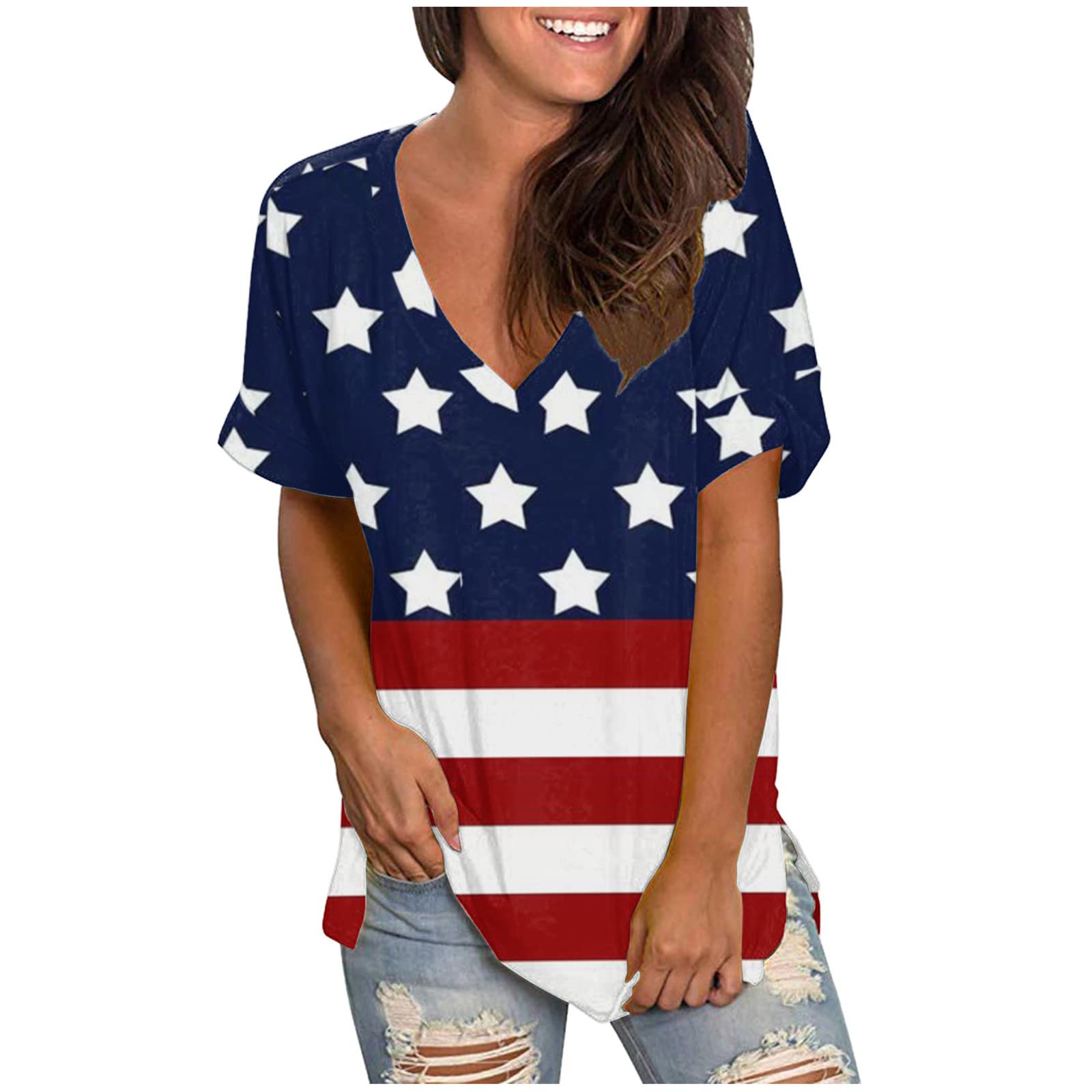4th of July Women's V-Neck T-Shirts | Short Sleeve Summer Tops | Casual Loose Blouses | Basic Tees for Independence Day Celebrations, Beach Outings & BBQ Parties