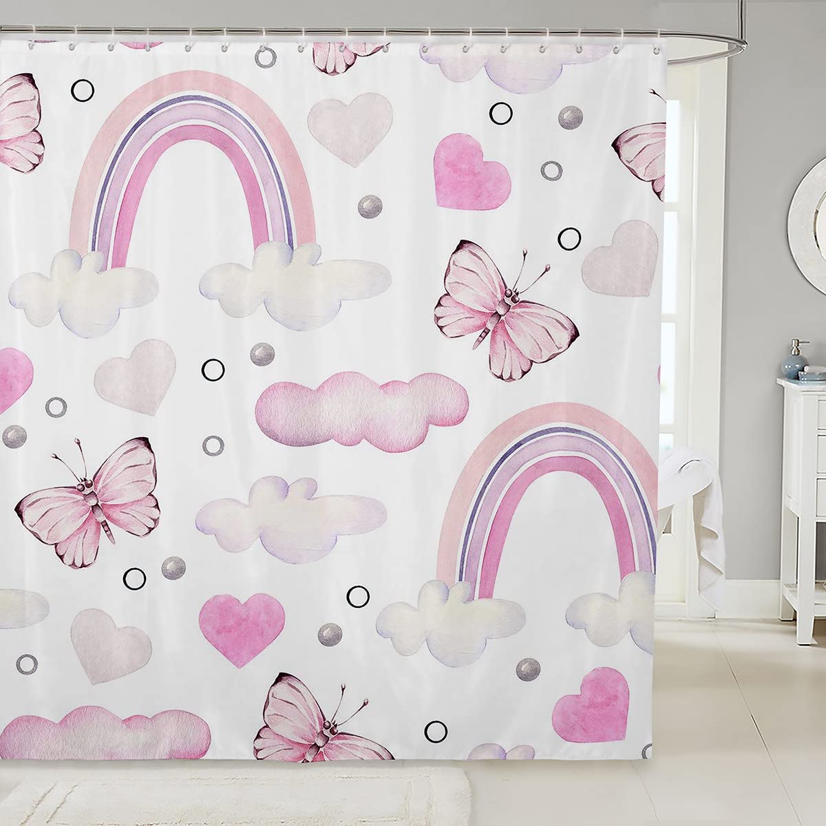 Pastel Rainbow Shower Curtain for Kids - Pink Butterfly Cloud Bathroom Decor with Cute Hearts, 72x84 Inches - Perfect for Girls' Bathrooms, Nursery, and Playroom Decor